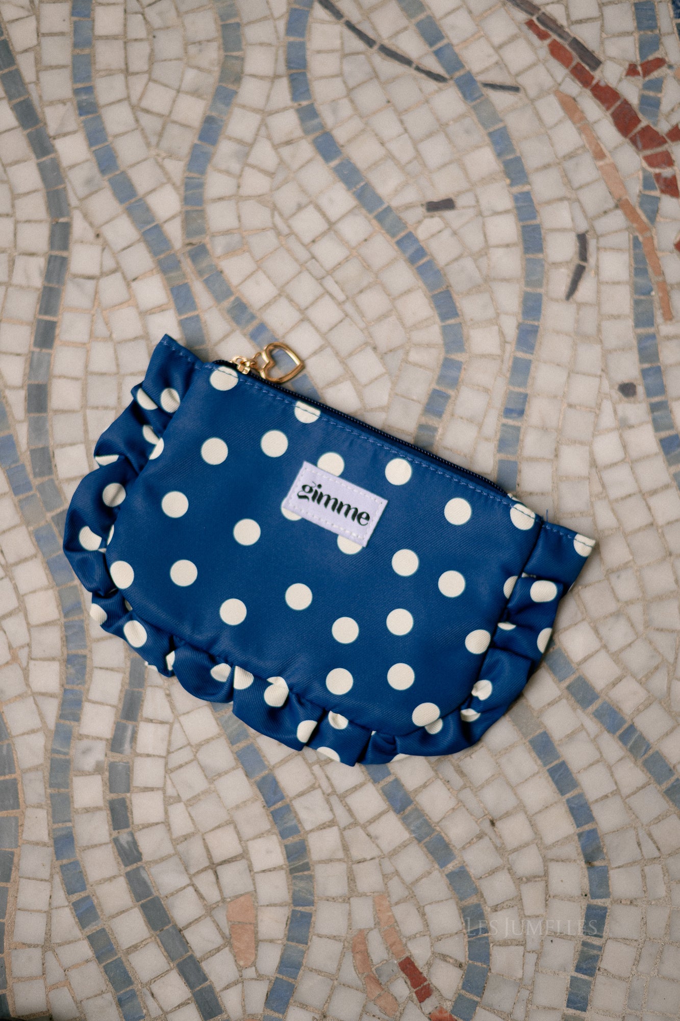 Ruffled make-up bag navy/ecru polkadots