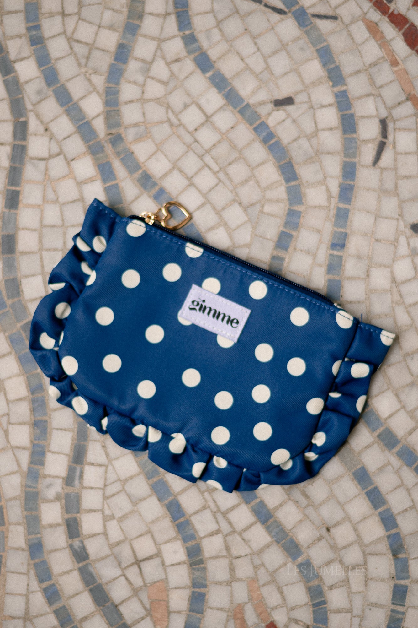 Ruffled make-up bag navy/ecru polkadots