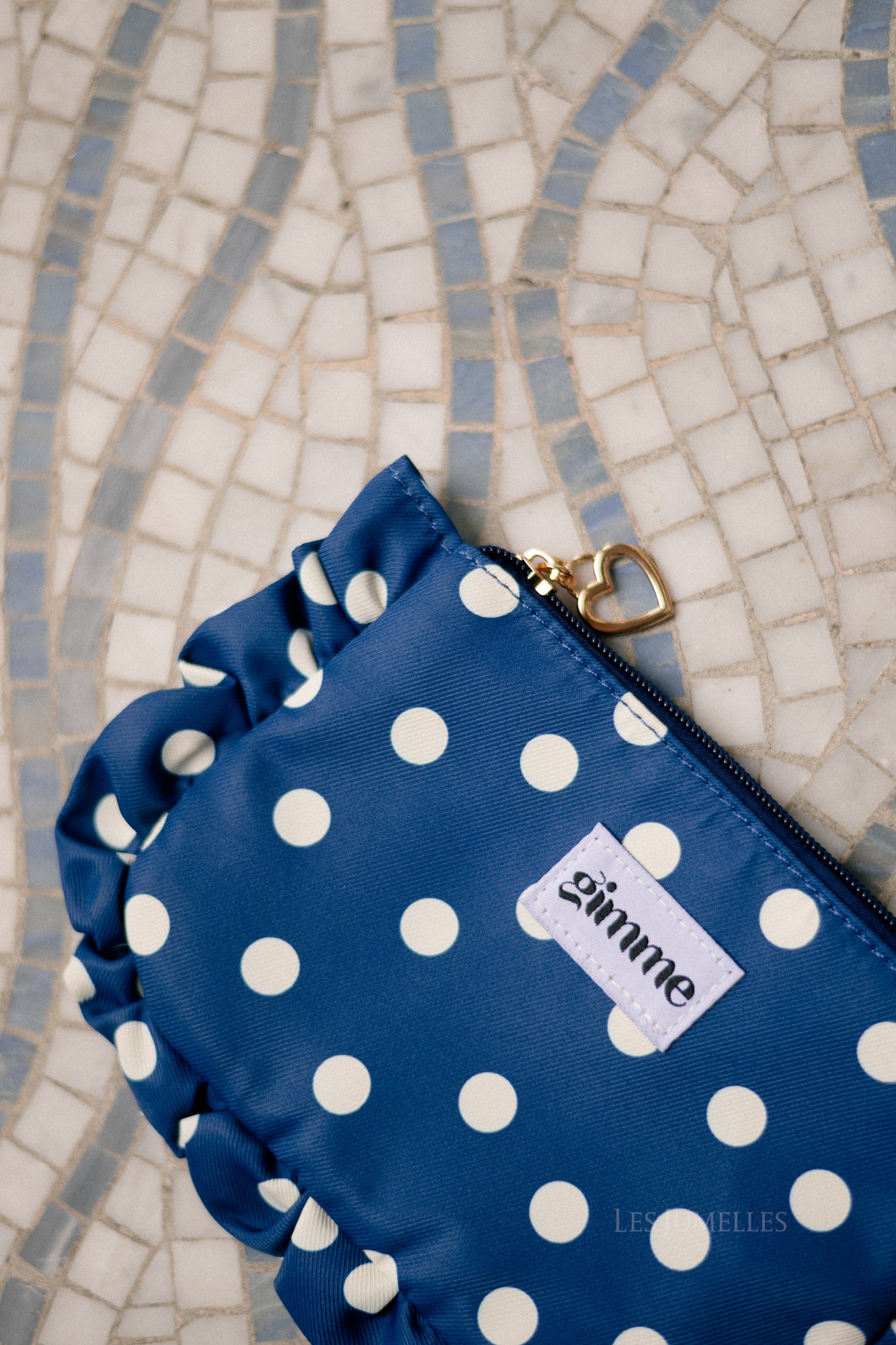 Ruffled make-up bag navy/ecru polkadots