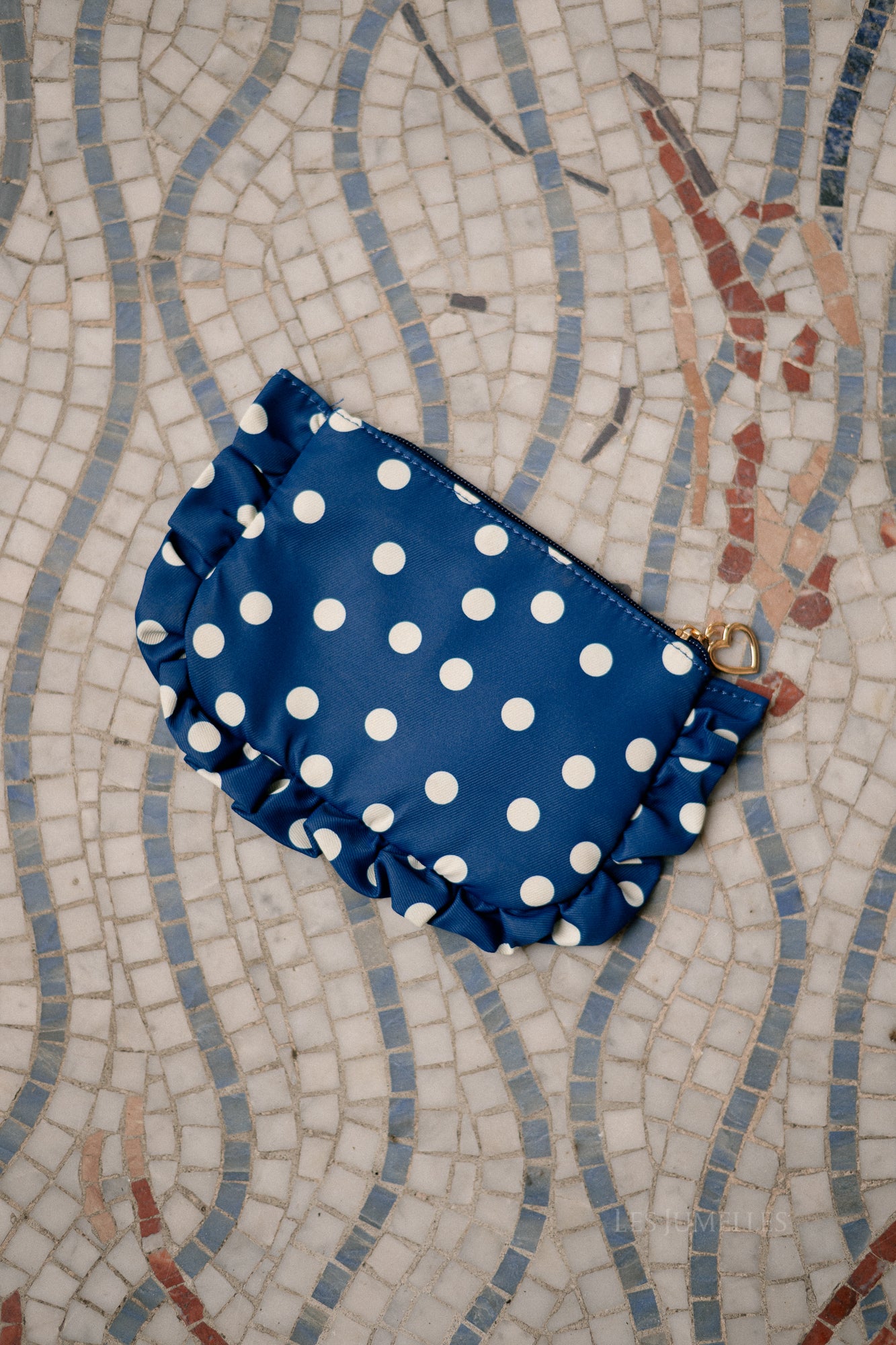 Ruffled make-up bag navy/ecru polkadots