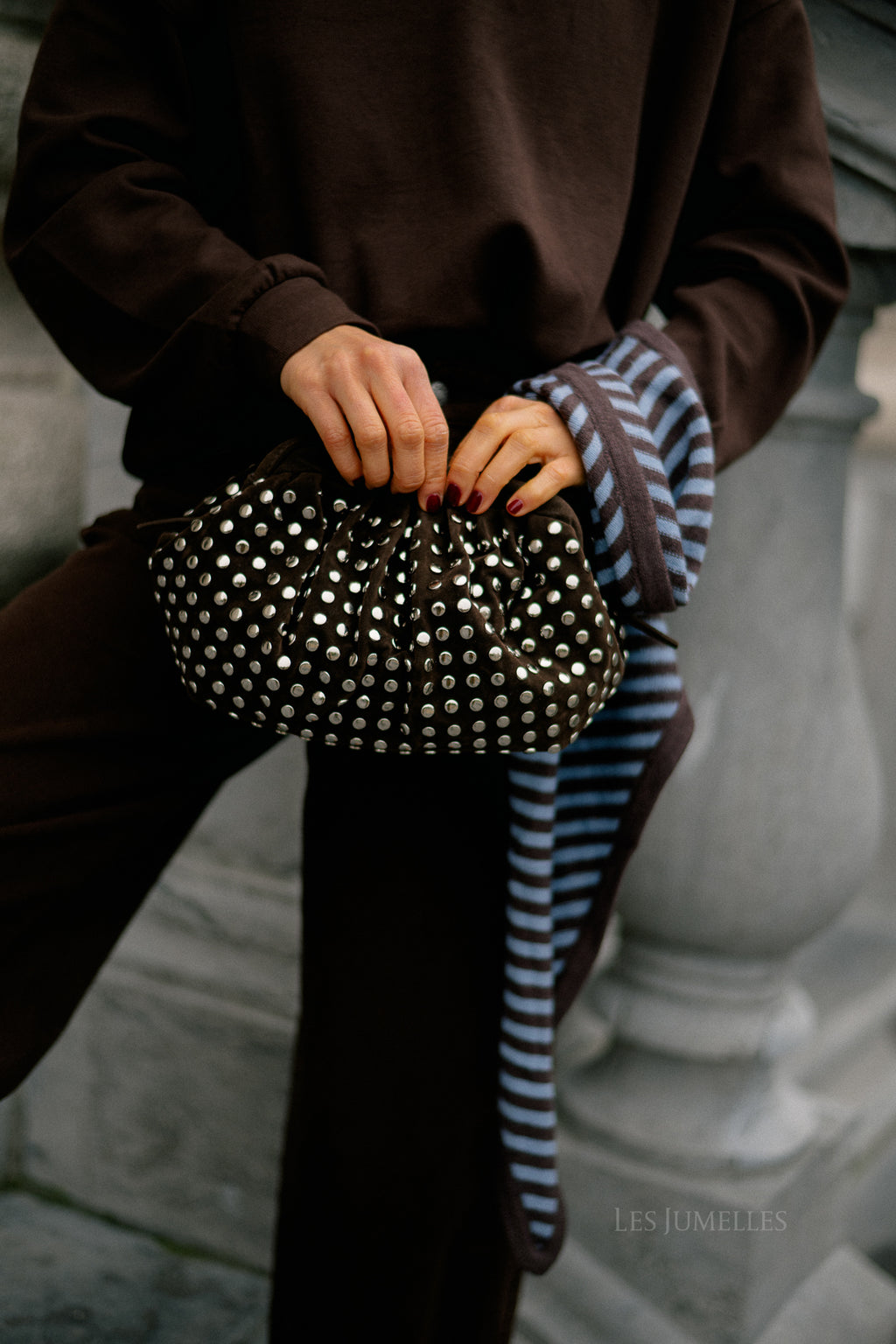 Studded suede clutch dark brown