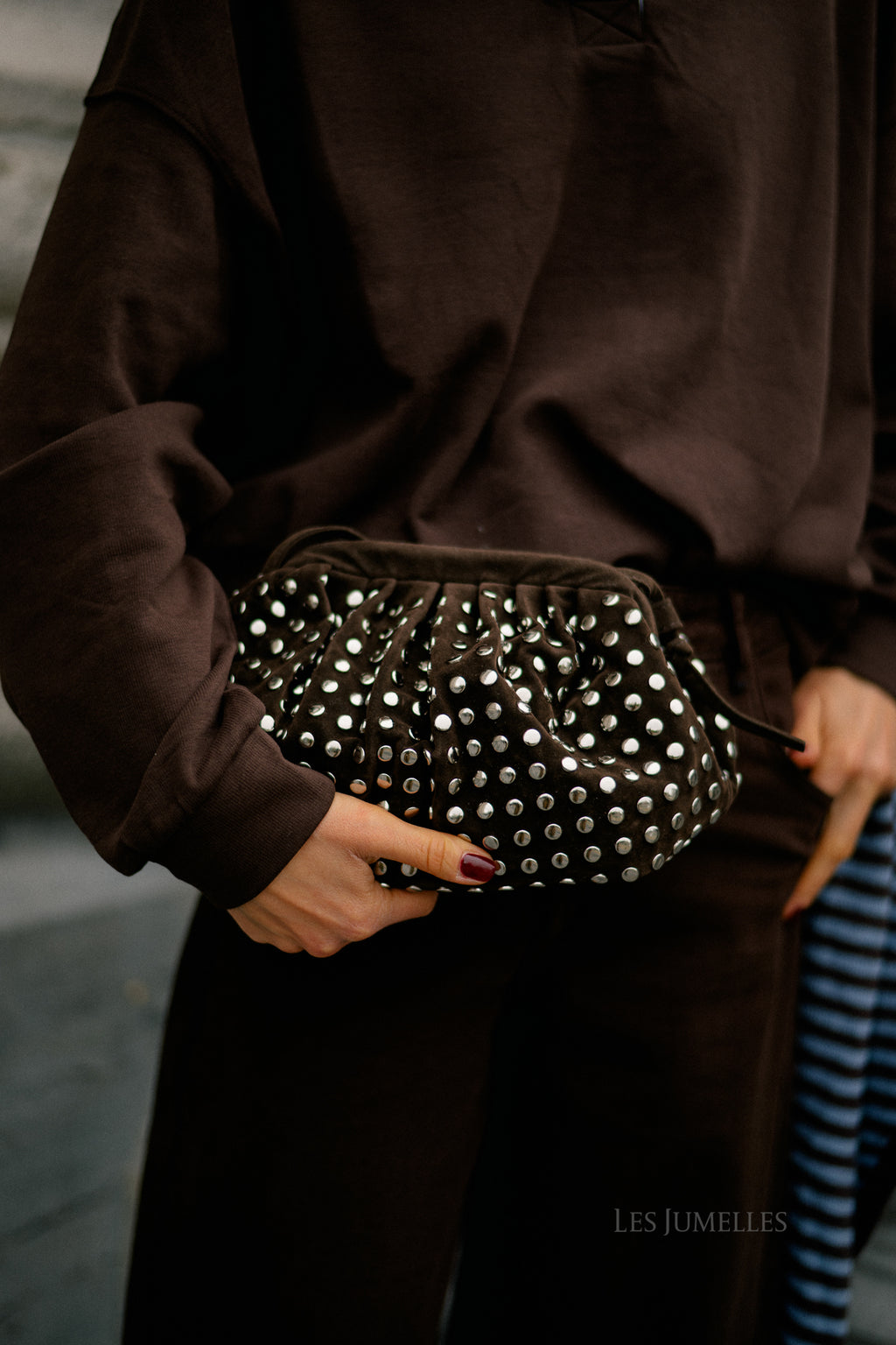 Studded suede clutch dark brown