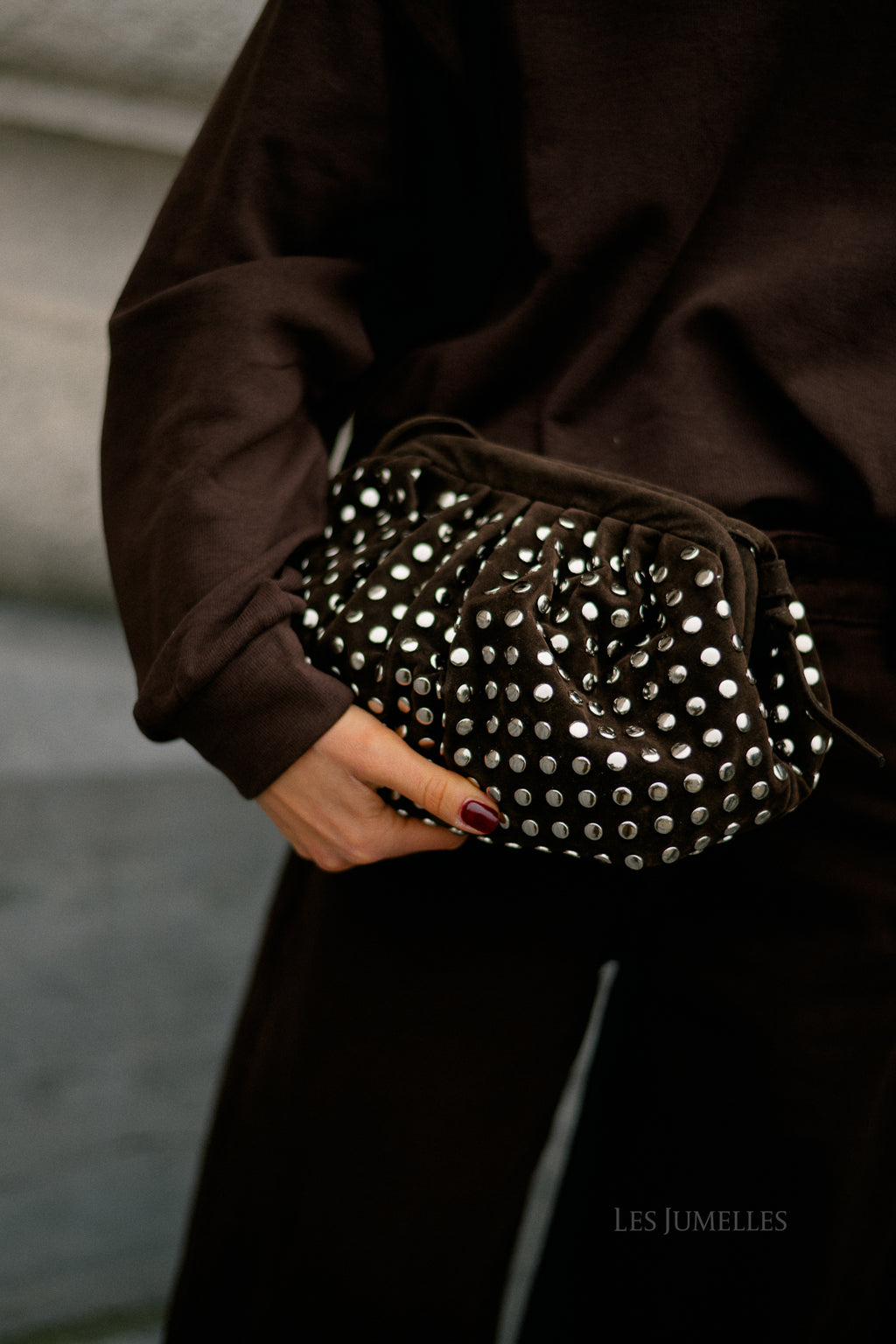 Studded suede clutch dark brown