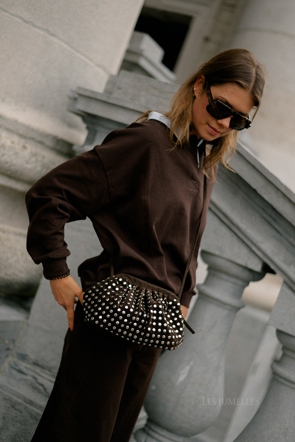 Studded suede clutch dark brown