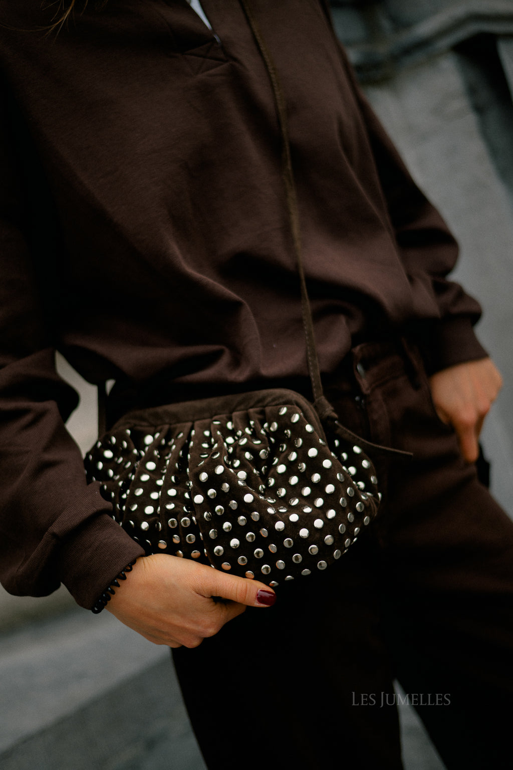 Studded suede clutch dark brown