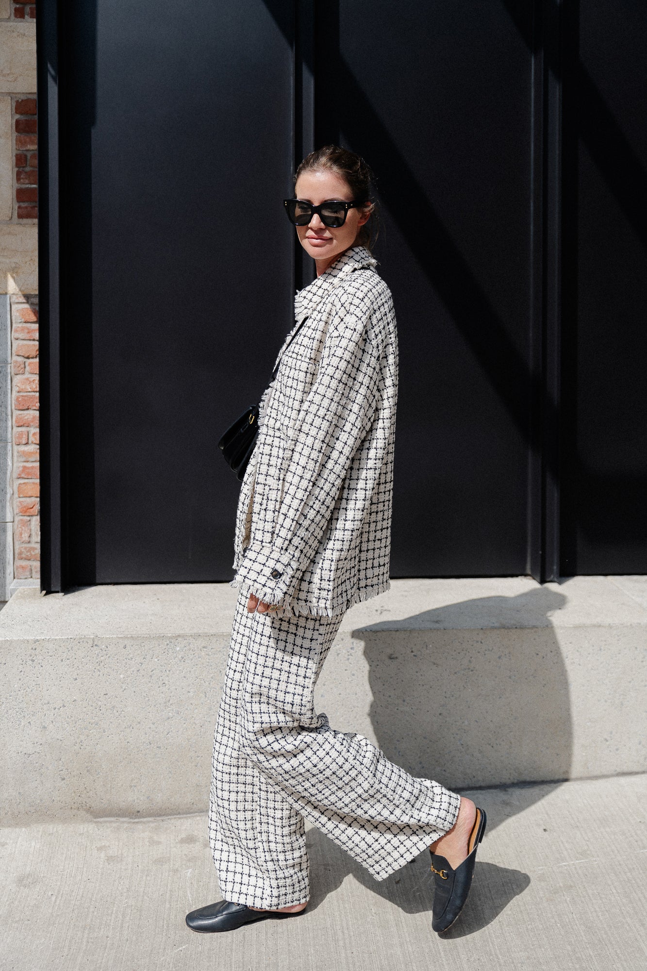 Veste oversize en tweed à carreaux noir/blanc