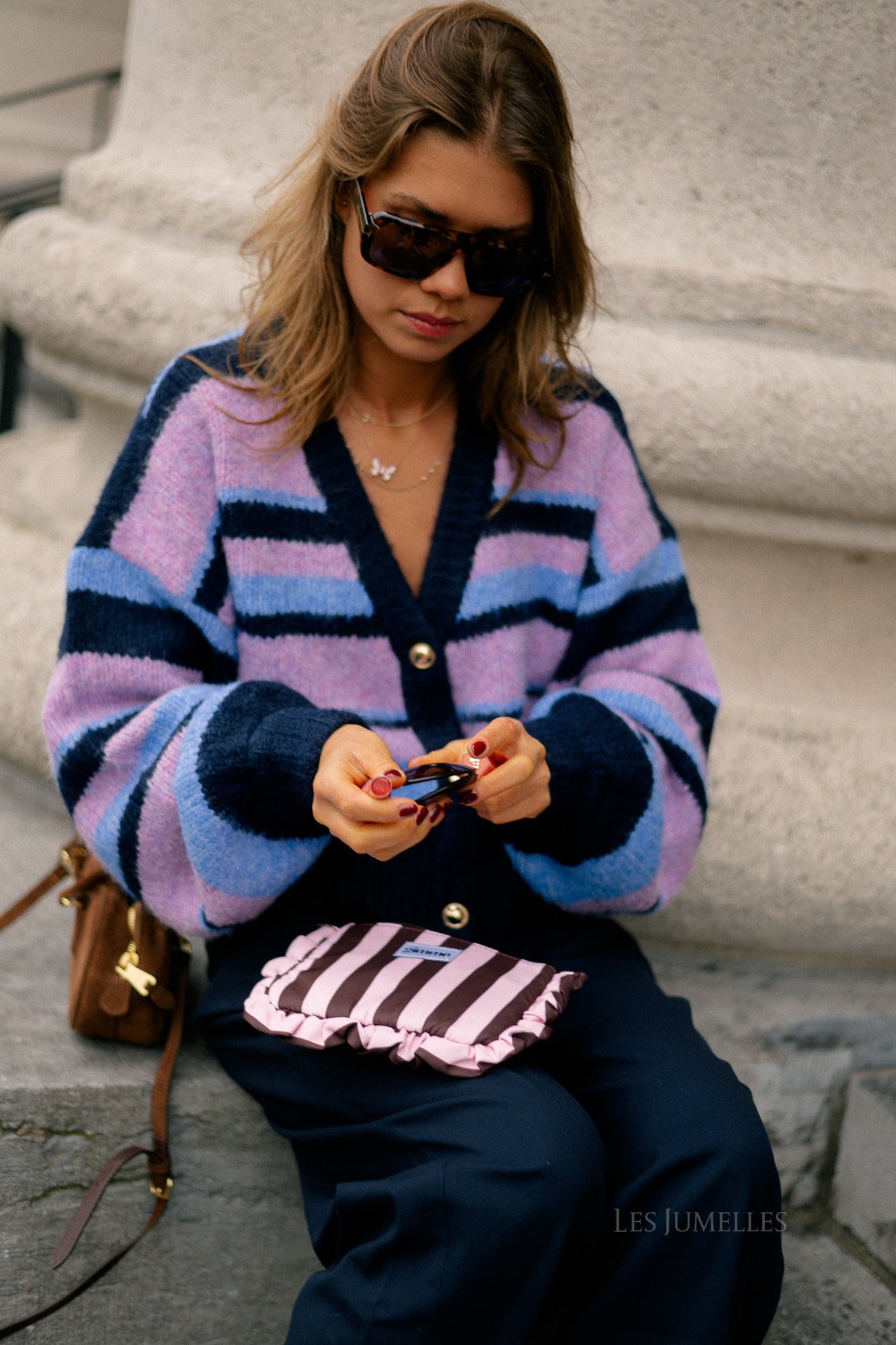 Ruffled make-up bag brown/pink stripes