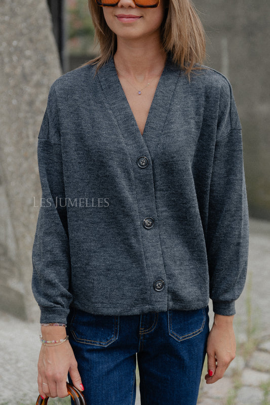 Les Jumelles VIMany LS cardigan donkergrijs melange