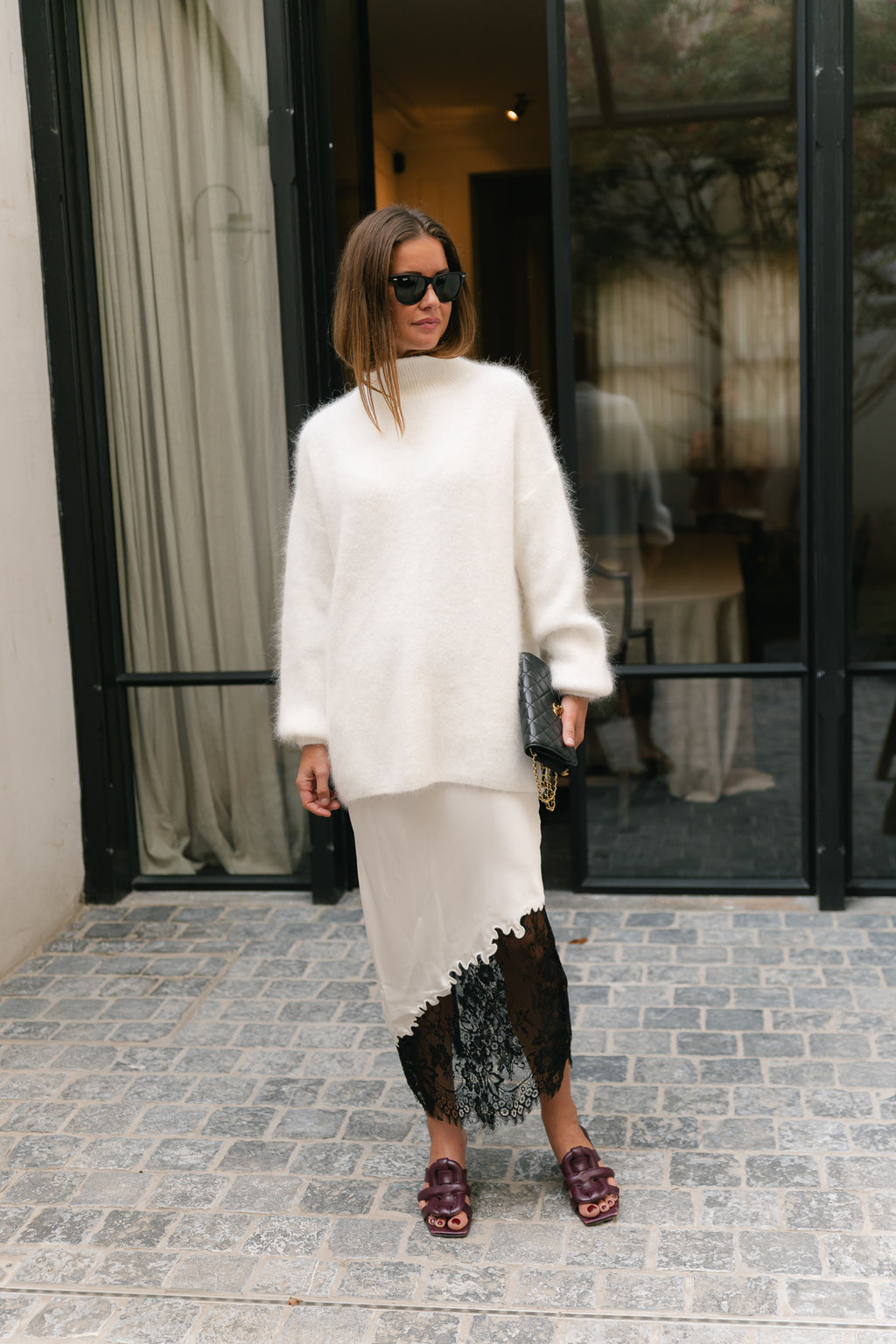 VILara HW midi lace skirt birch/black lace