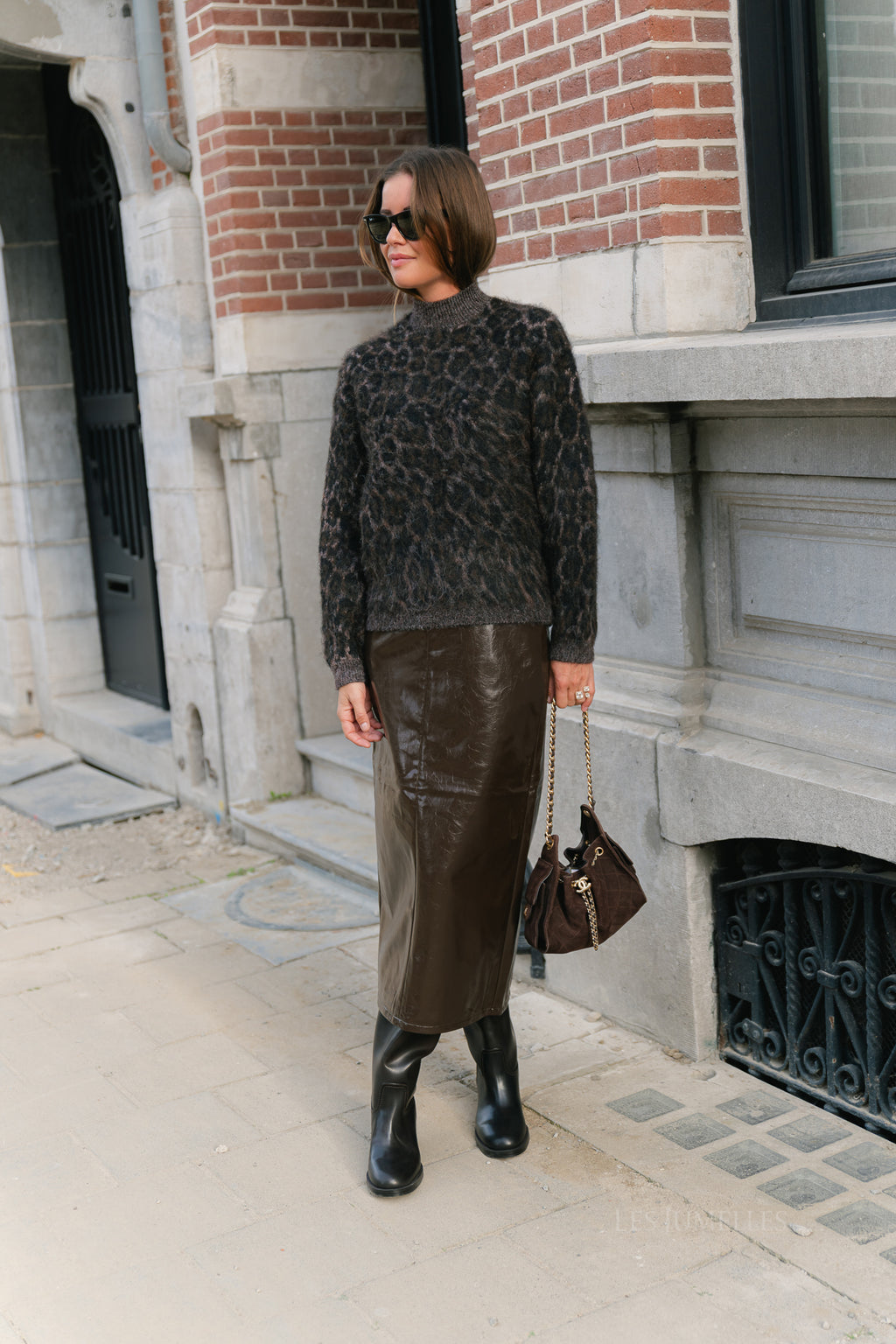 PCElina LS high neck knit hot fudge/leopard