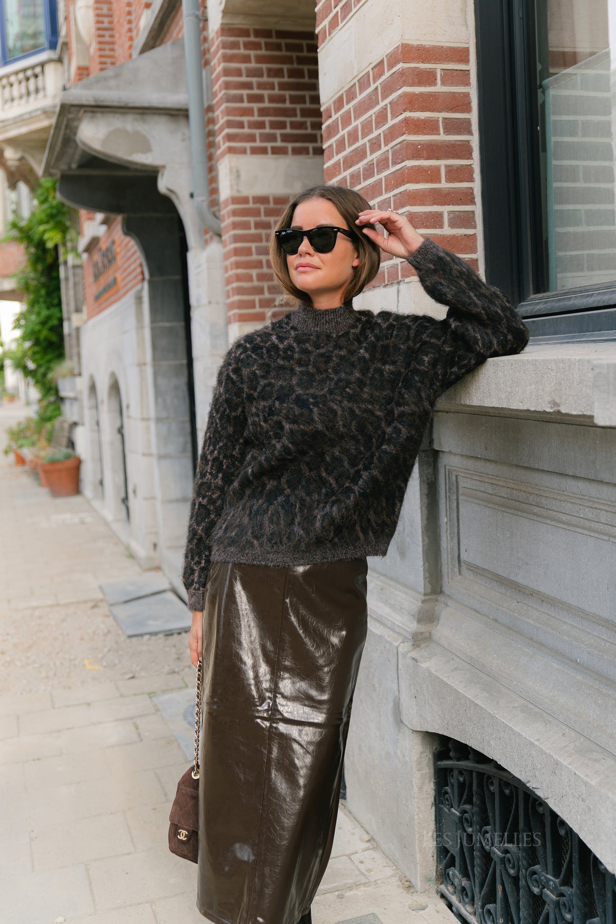 PCElina LS high neck knit hot fudge/leopard