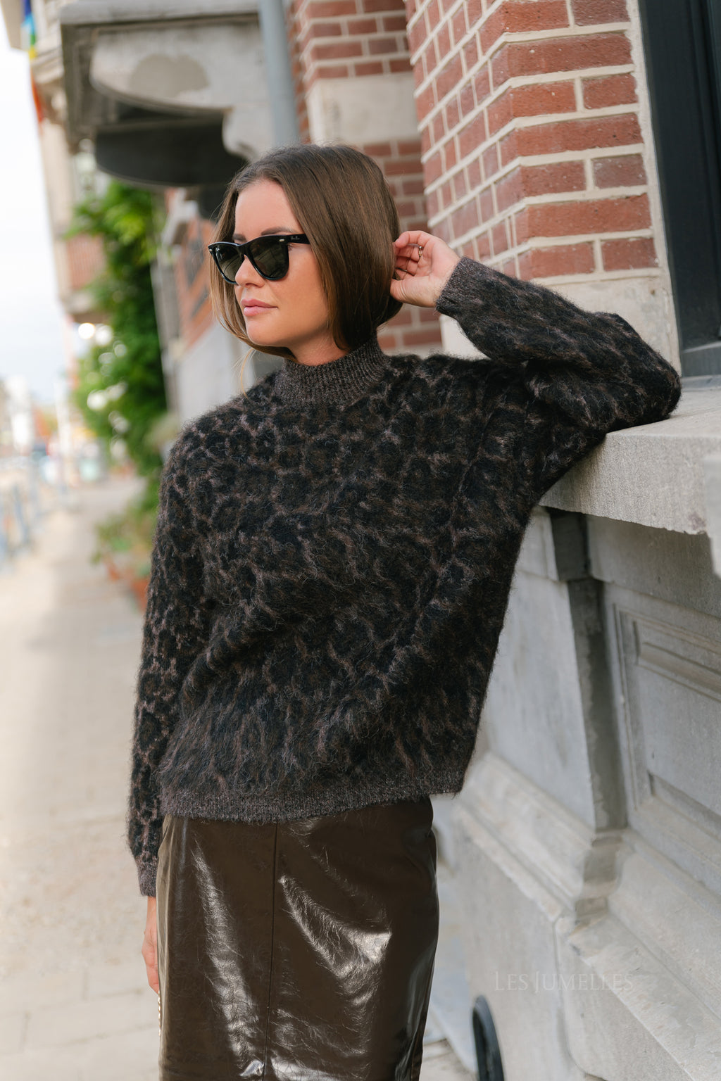 PCElina LS high neck knit hot fudge/leopard