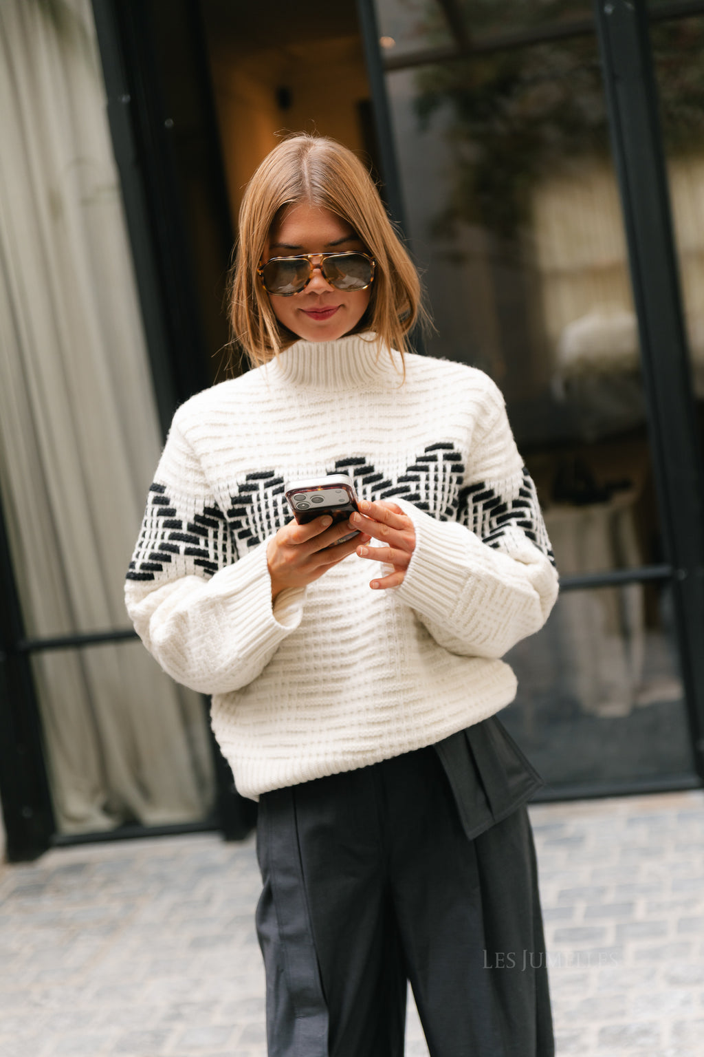 SLWLili LS knit high neck egret/black