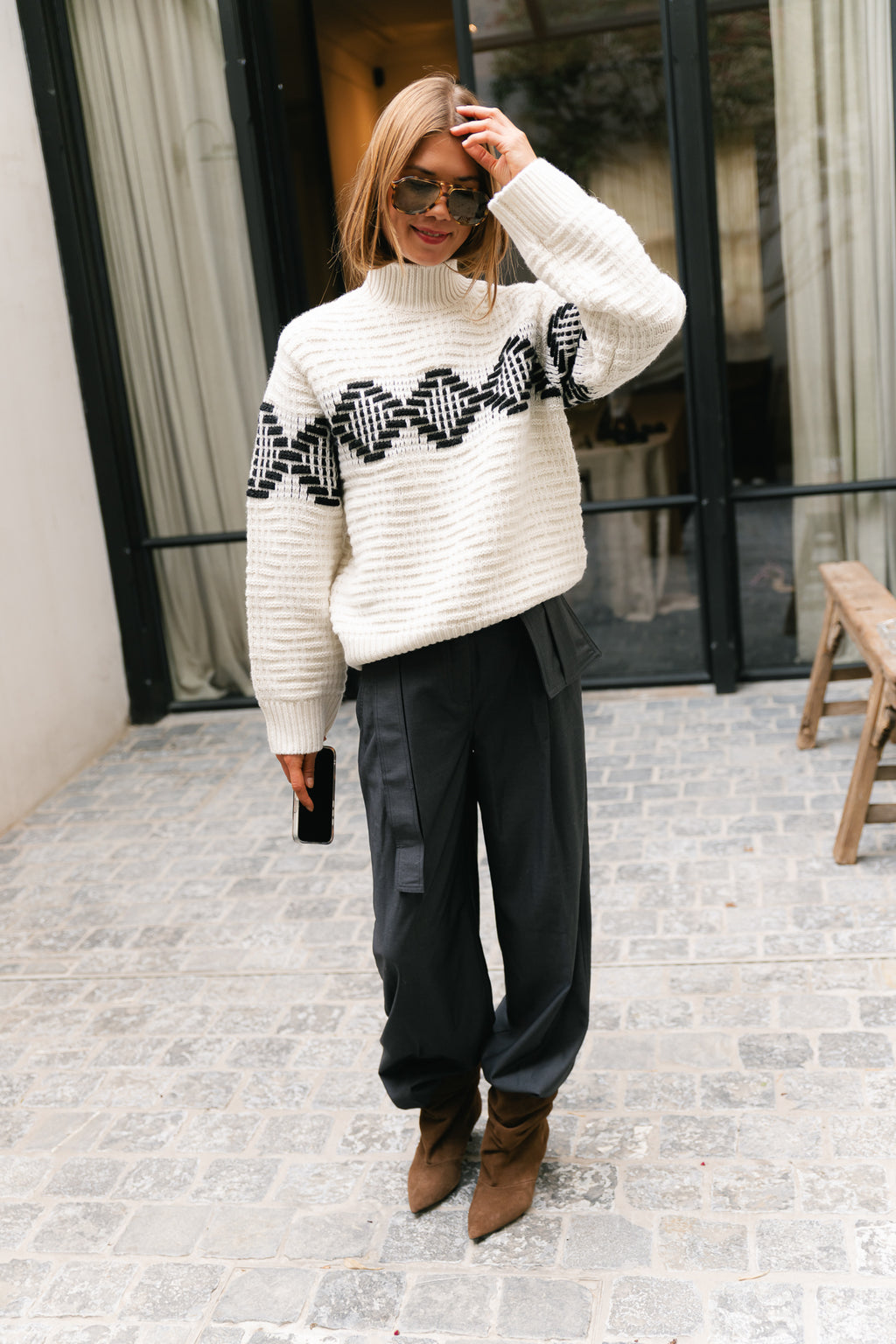 SLWLili LS knit high neck egret/black