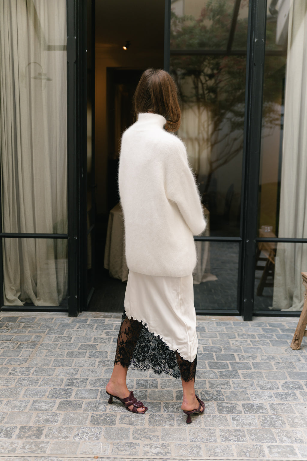 VILara HW midi lace skirt birch/black lace