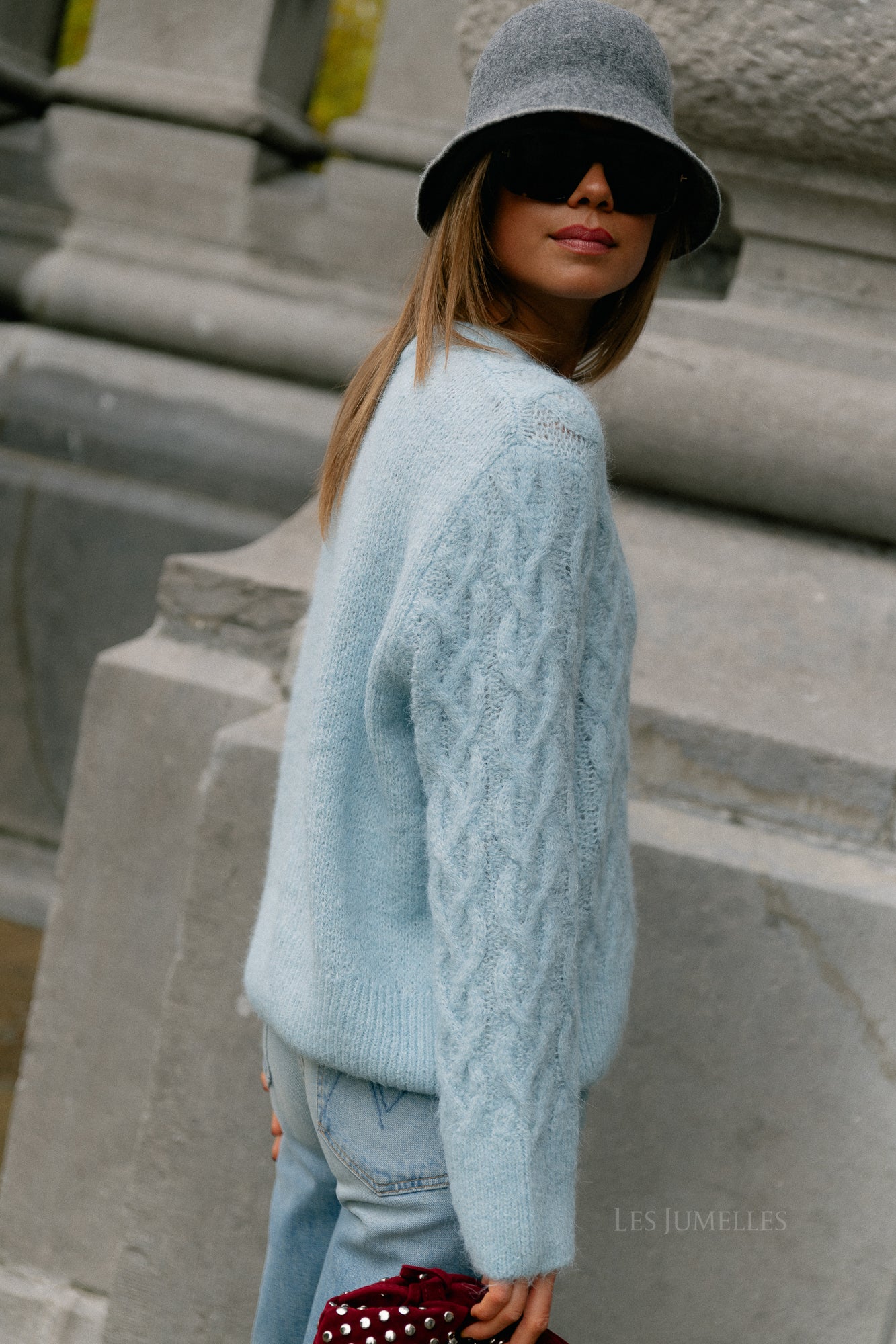 VISobell O-neck L/S cable knit top winter sky