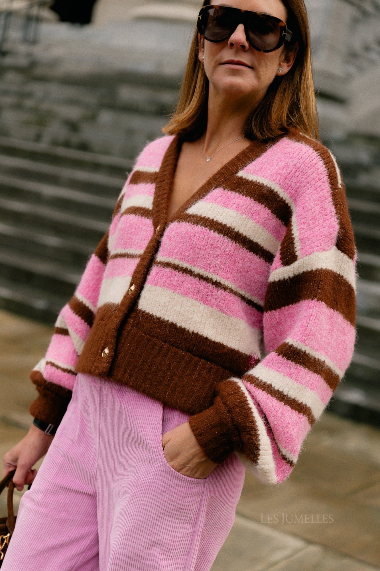 Noor cardigan multi stripe pink