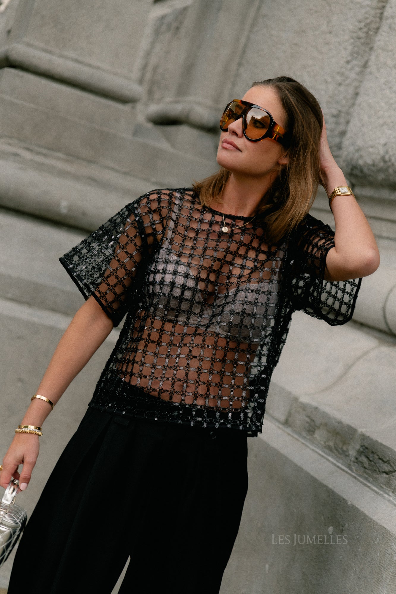 SLFLaren SS cropped sequins top black