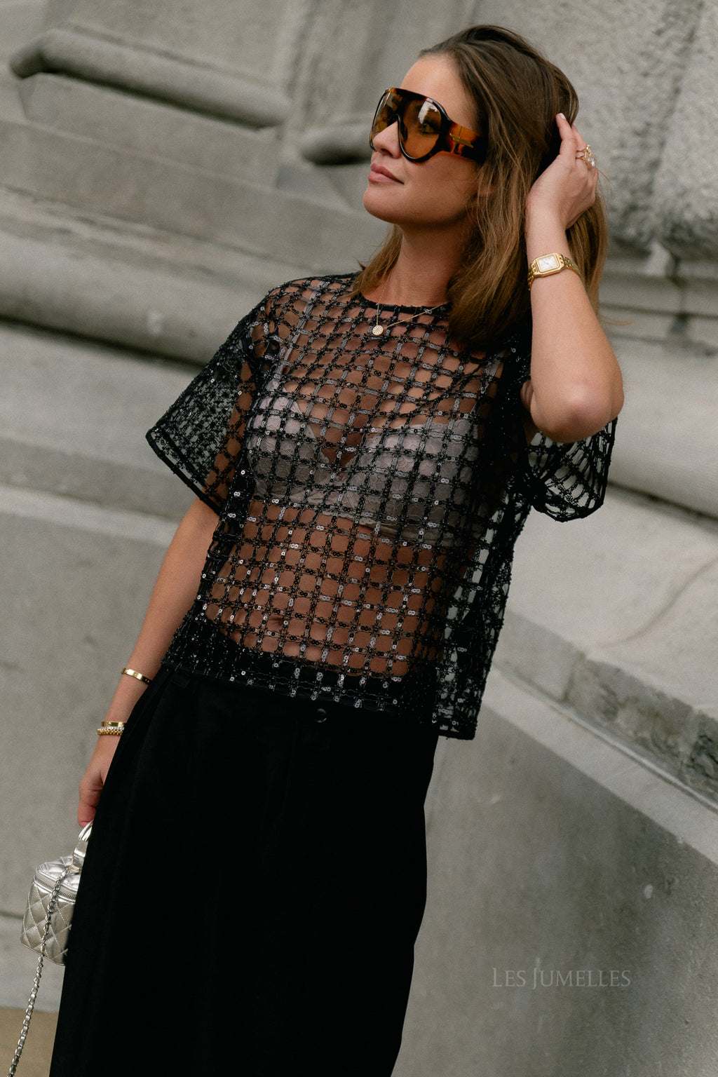 SLFLaren SS cropped sequins top black