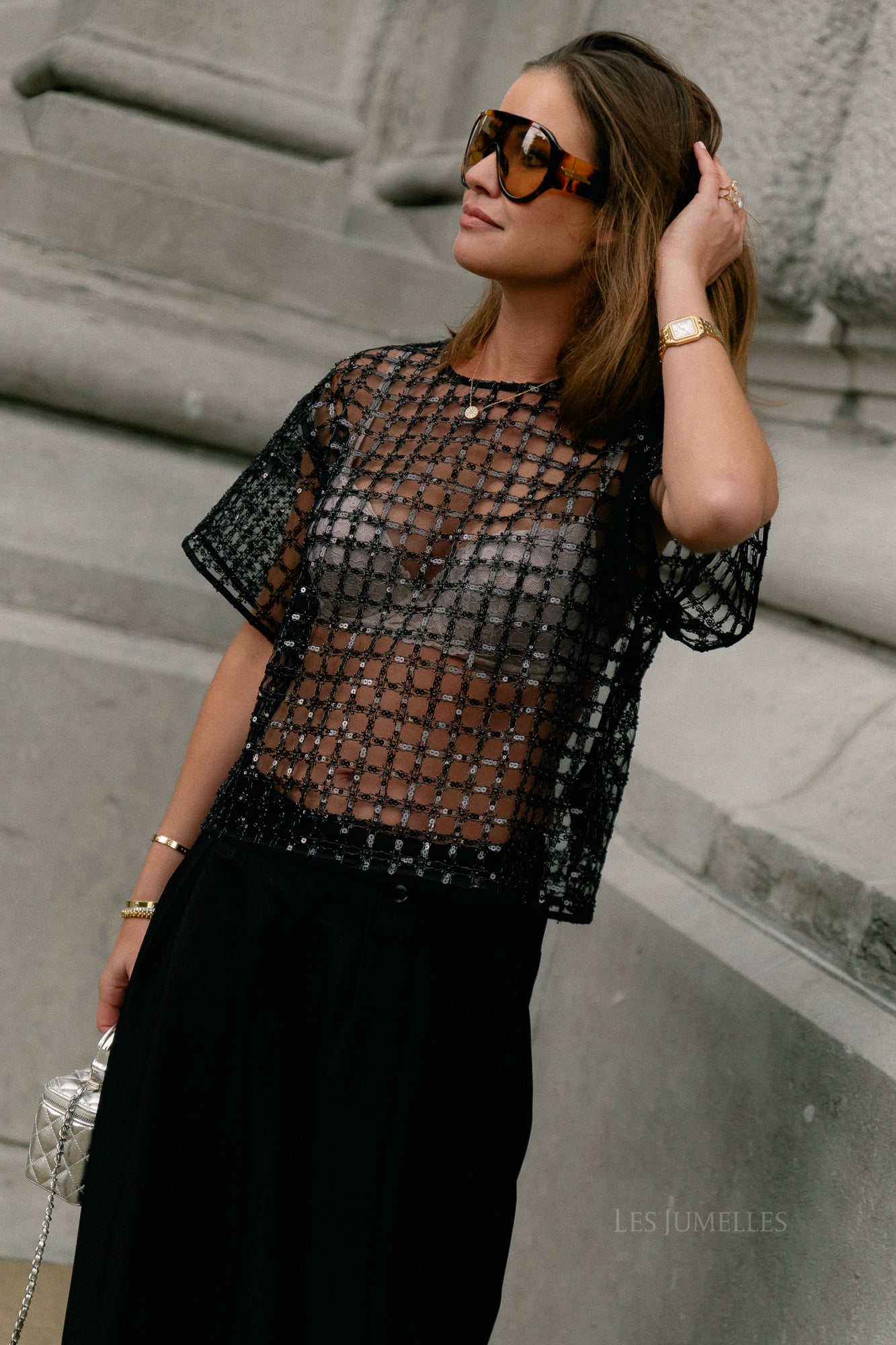 SLFLaren SS cropped sequins top black