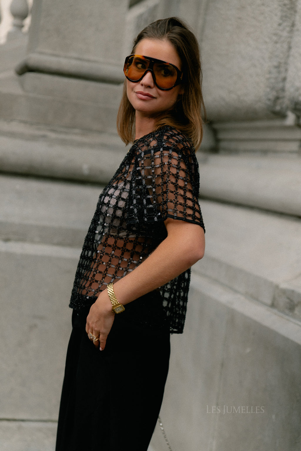 SLFLaren SS cropped sequins top black