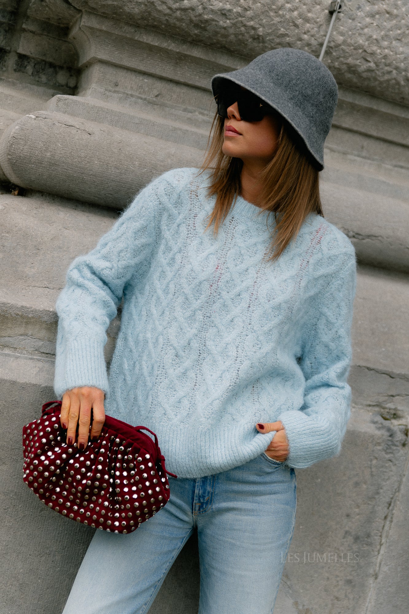 VISobell O-neck L/S cable knit top winter sky