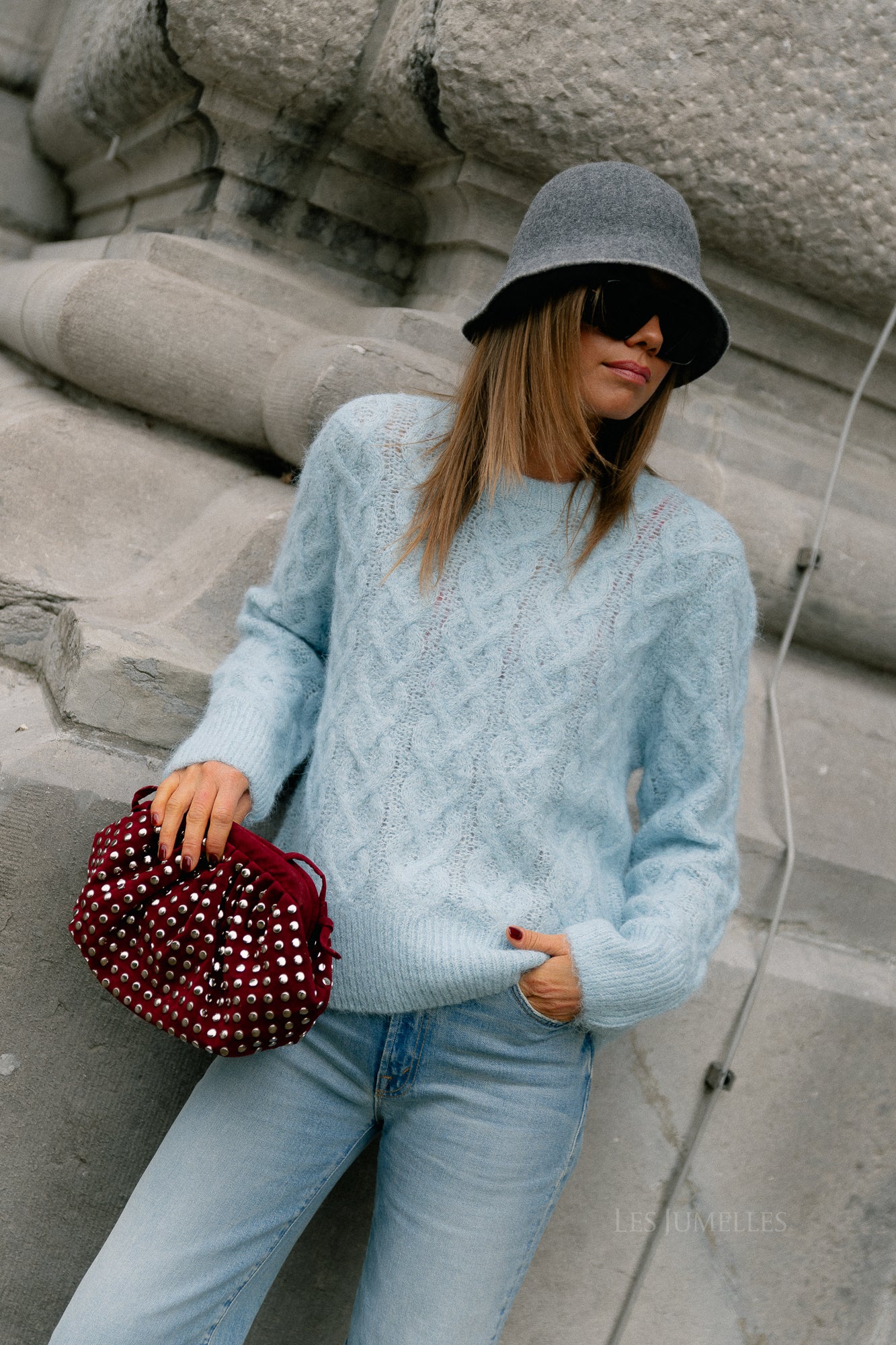 VISobell O-neck L/S cable knit top winter sky