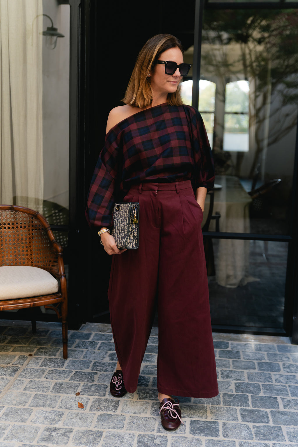 Cosette bold checkered blouse burgundy/navy