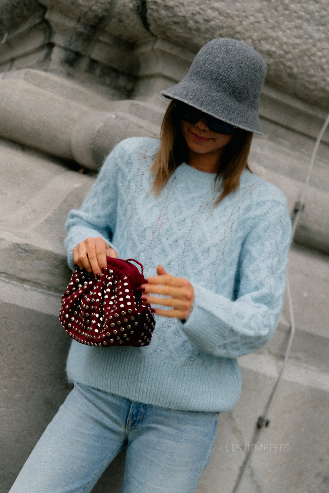 VISobell O-neck L/S cable knit top winter sky