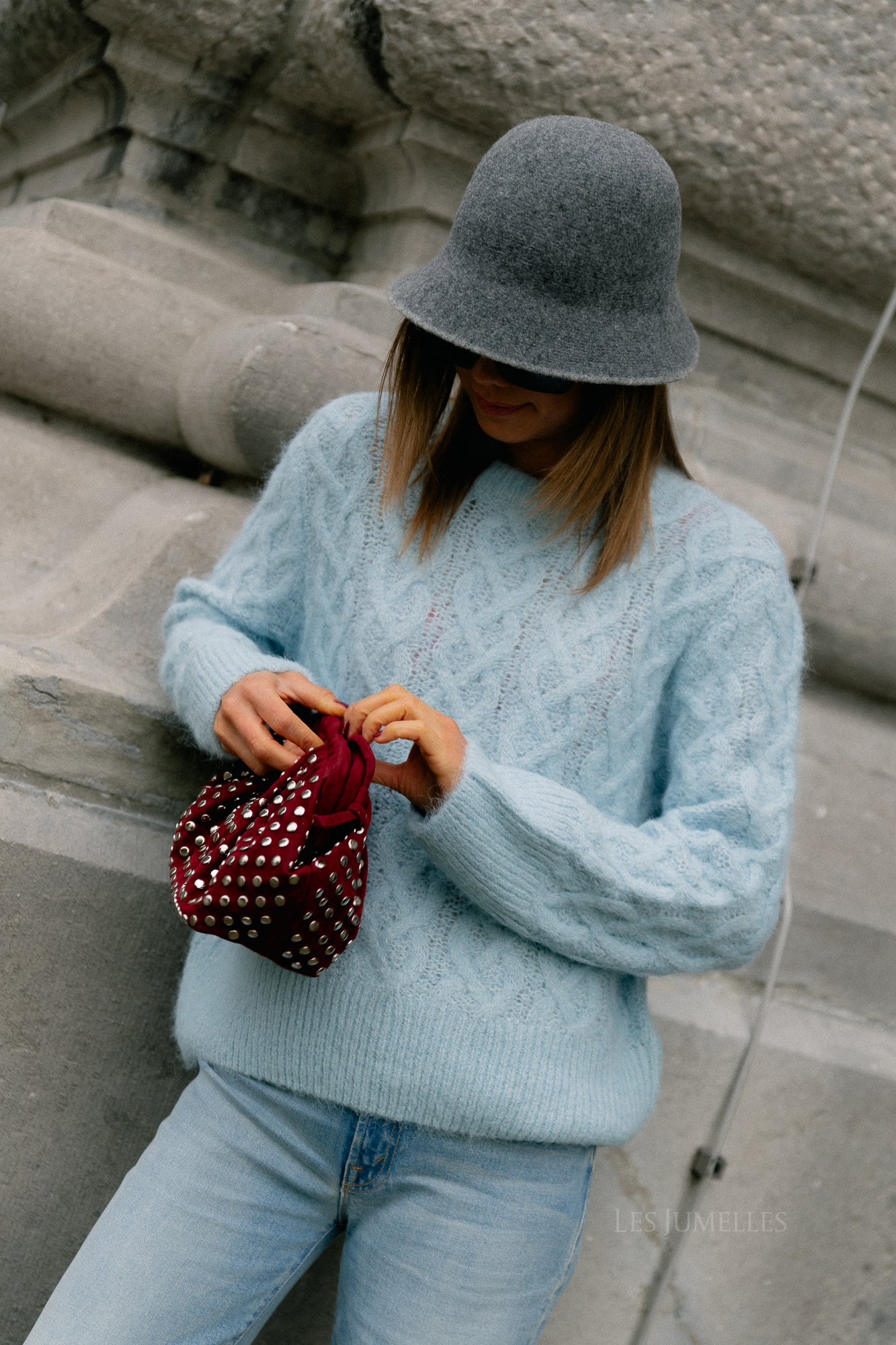 VISobell O-neck L/S cable knit top winter sky