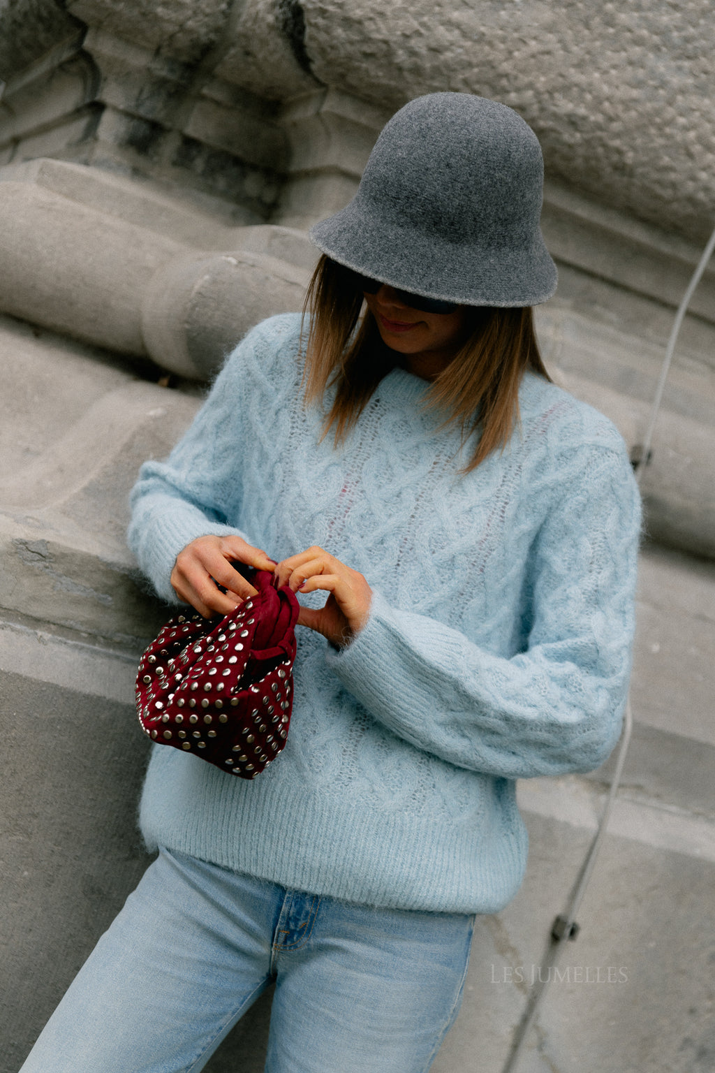 VISobell O-neck L/S cable knit top winter sky