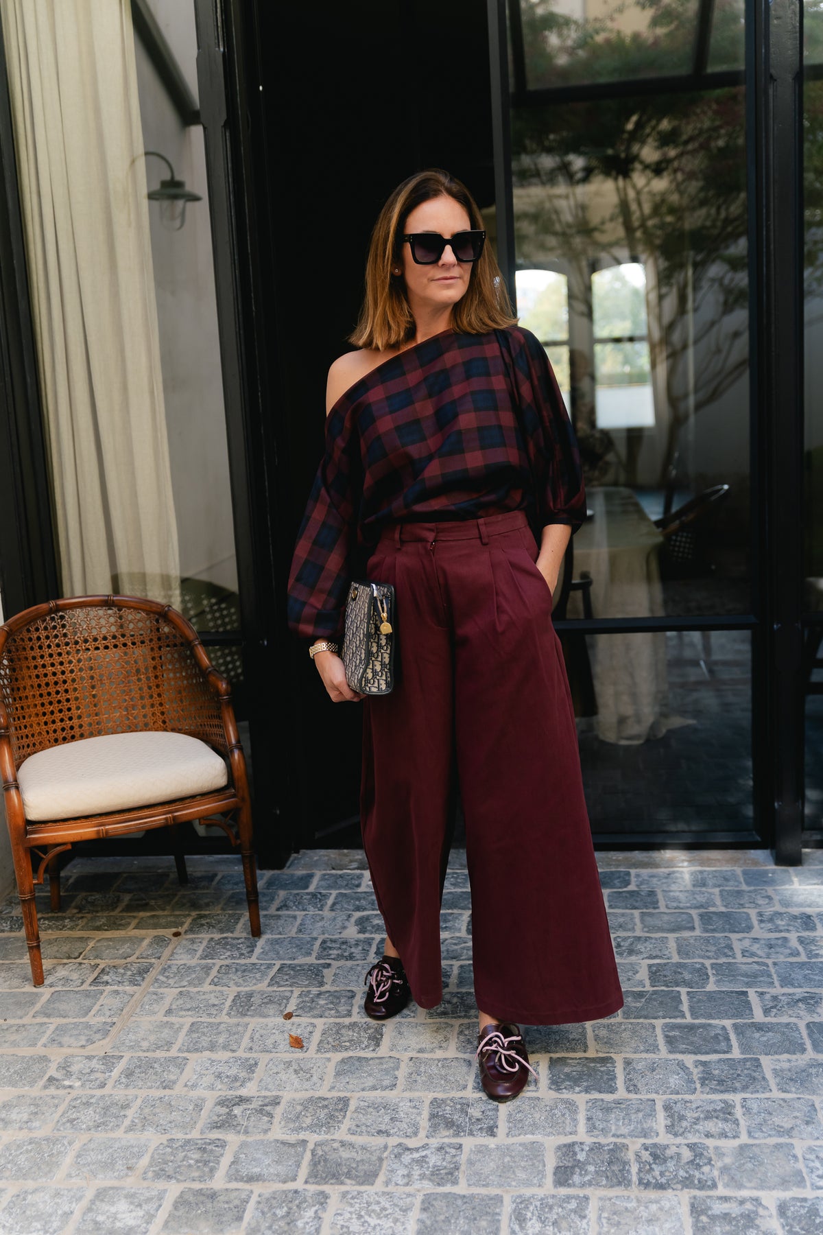 Cosette bold checkered blouse burgundy/navy