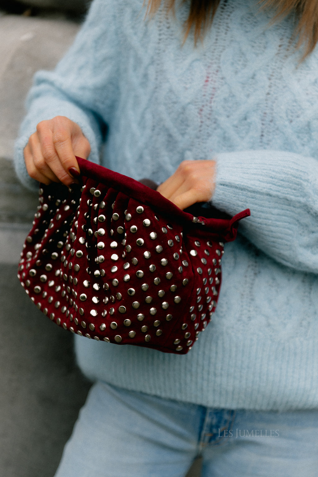 Studded suede clutch wine red
