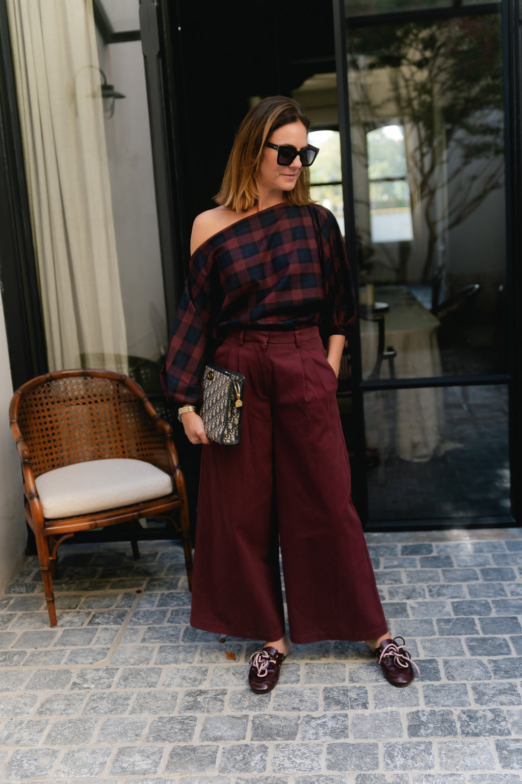 Cosette bold checkered blouse burgundy/navy
