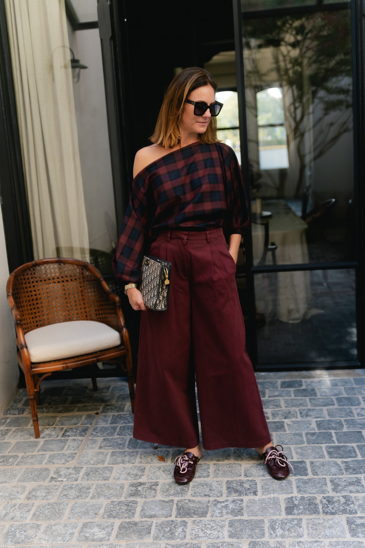 Cosette bold checkered blouse burgundy/navy
