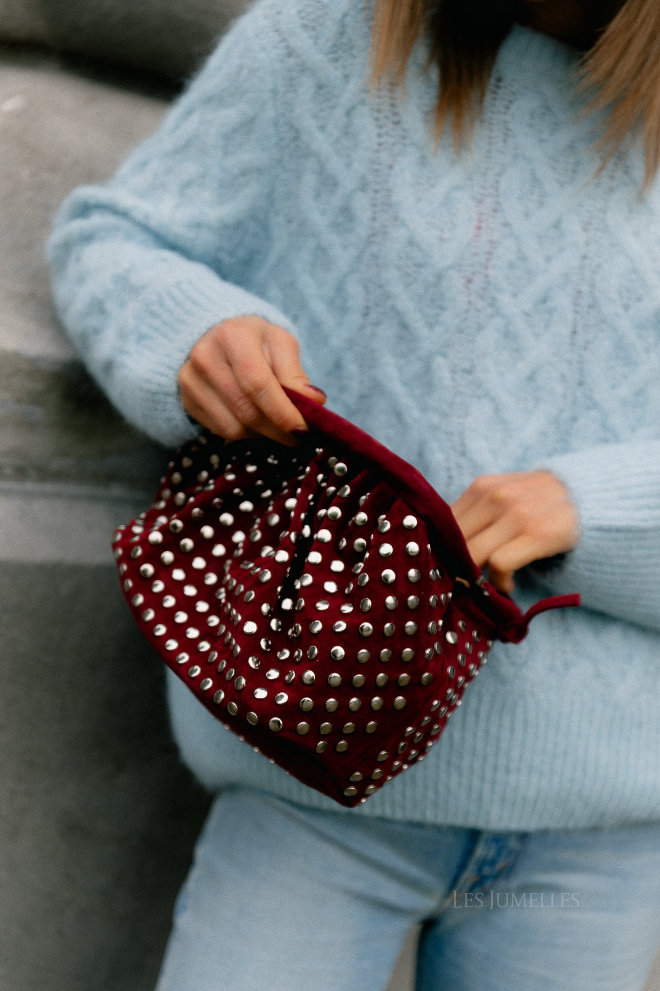 Studded suede clutch wine red