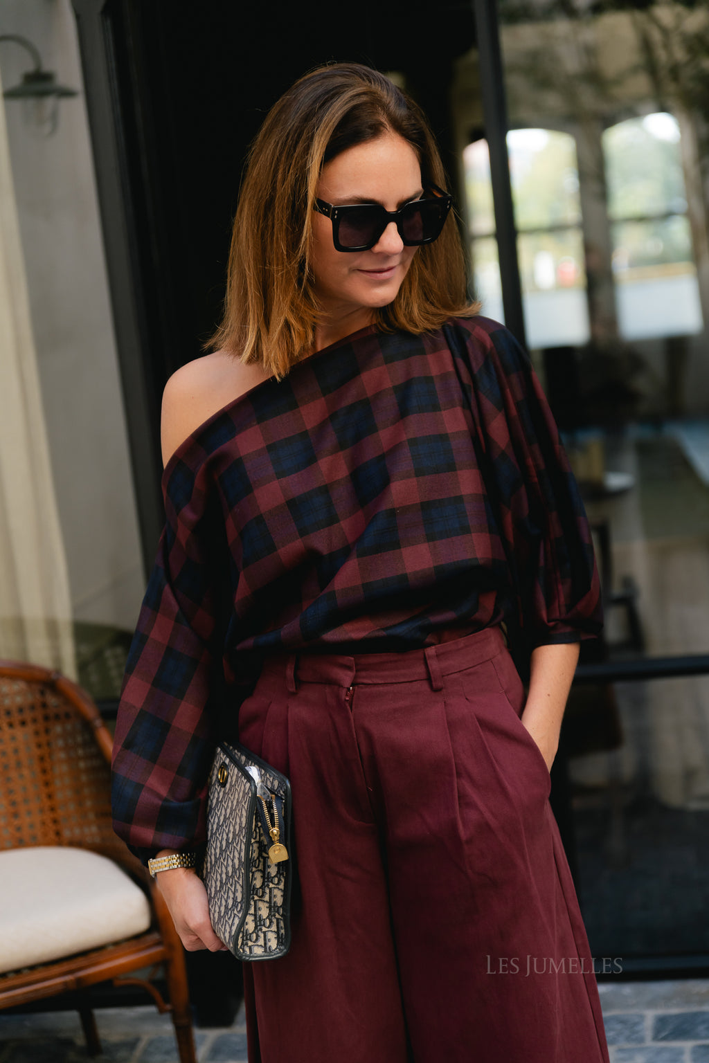 Cosette bold checkered blouse burgundy/navy