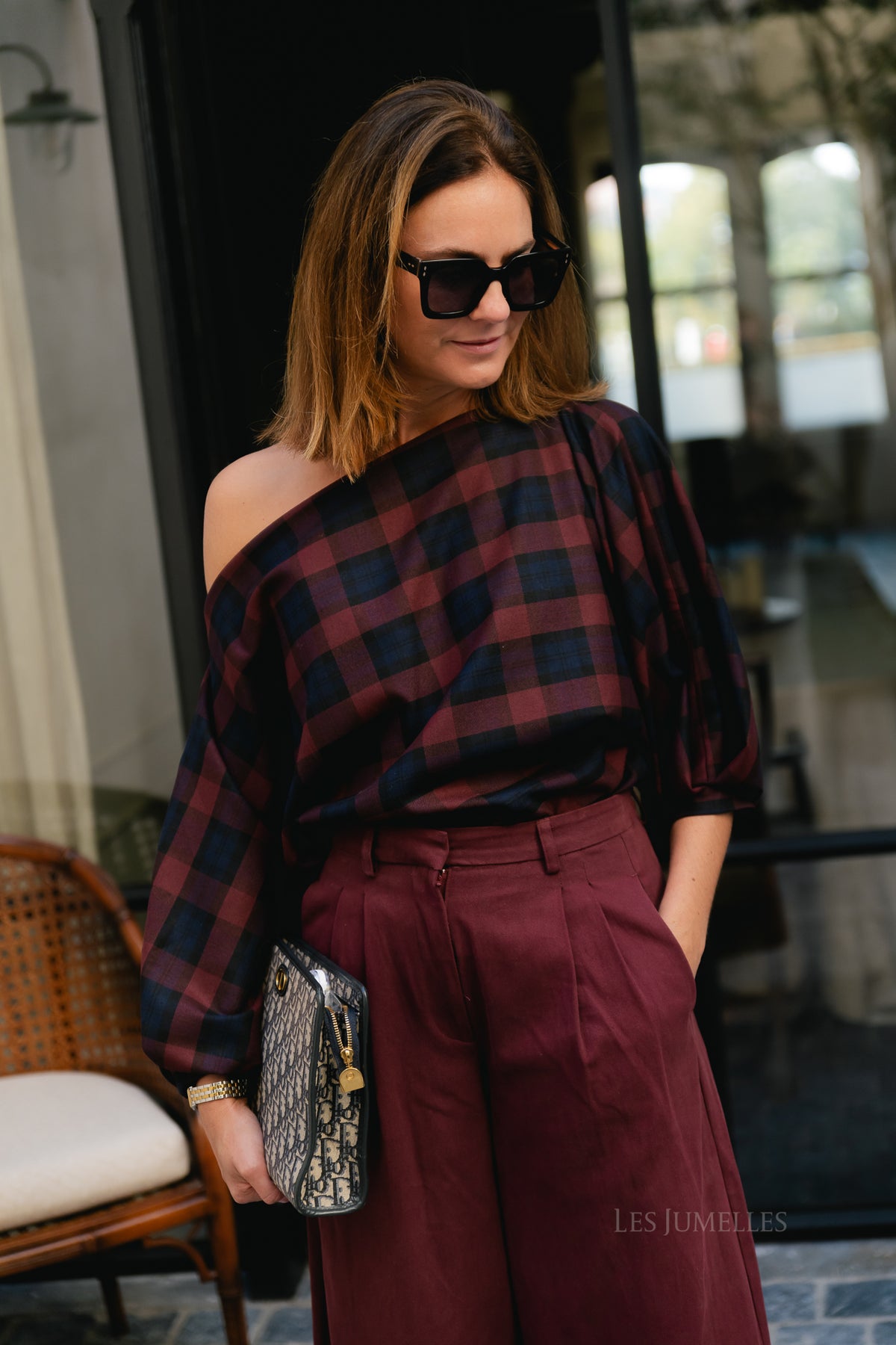 Cosette bold checkered blouse burgundy/navy