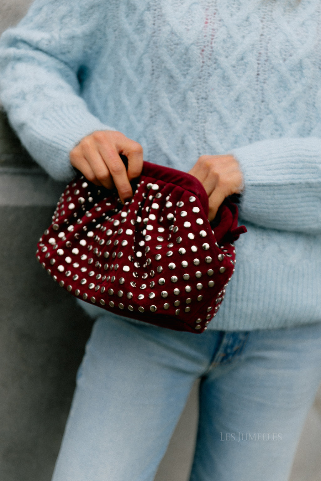 Studded suede clutch wine red