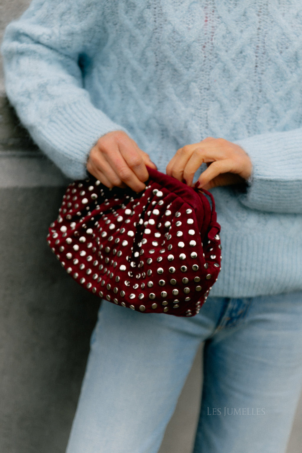 Studded suede clutch wine red