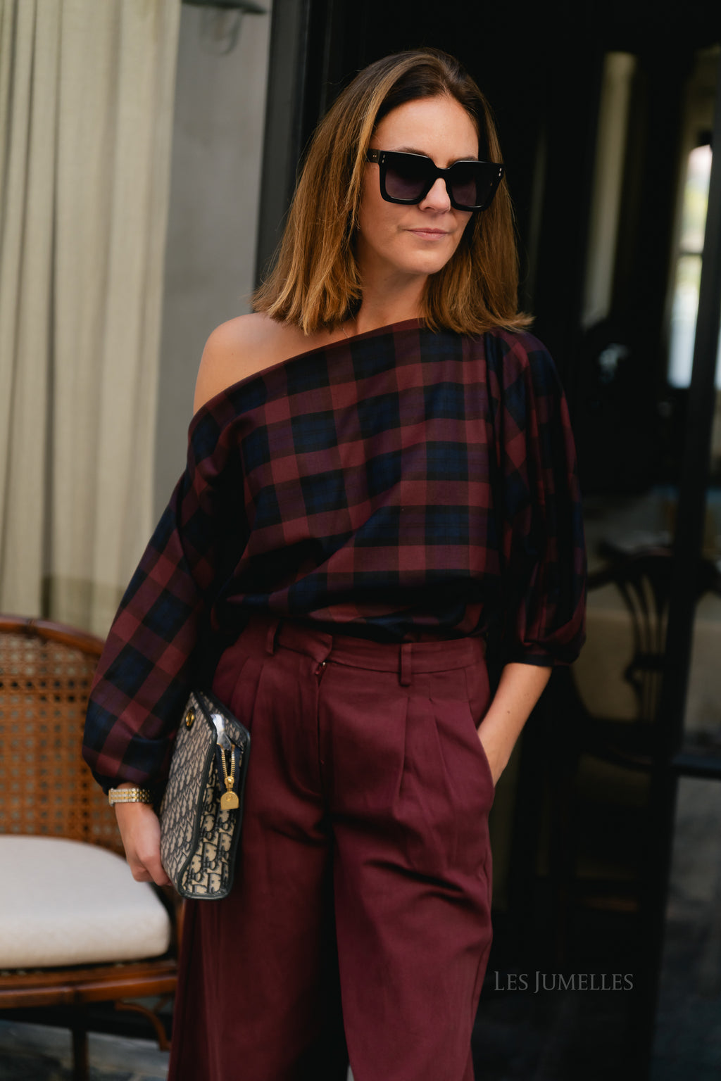Cosette bold checkered blouse burgundy/navy