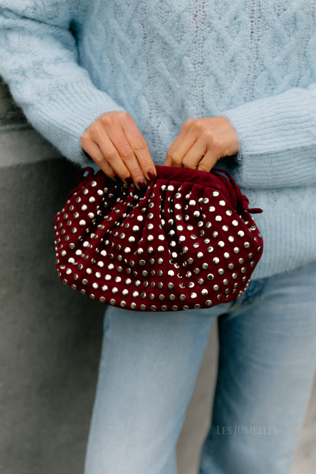 Studded suede clutch wine red