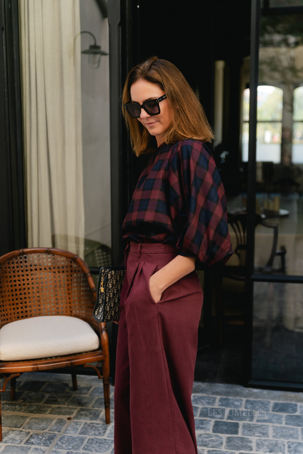 Cosette bold checkered blouse burgundy/navy