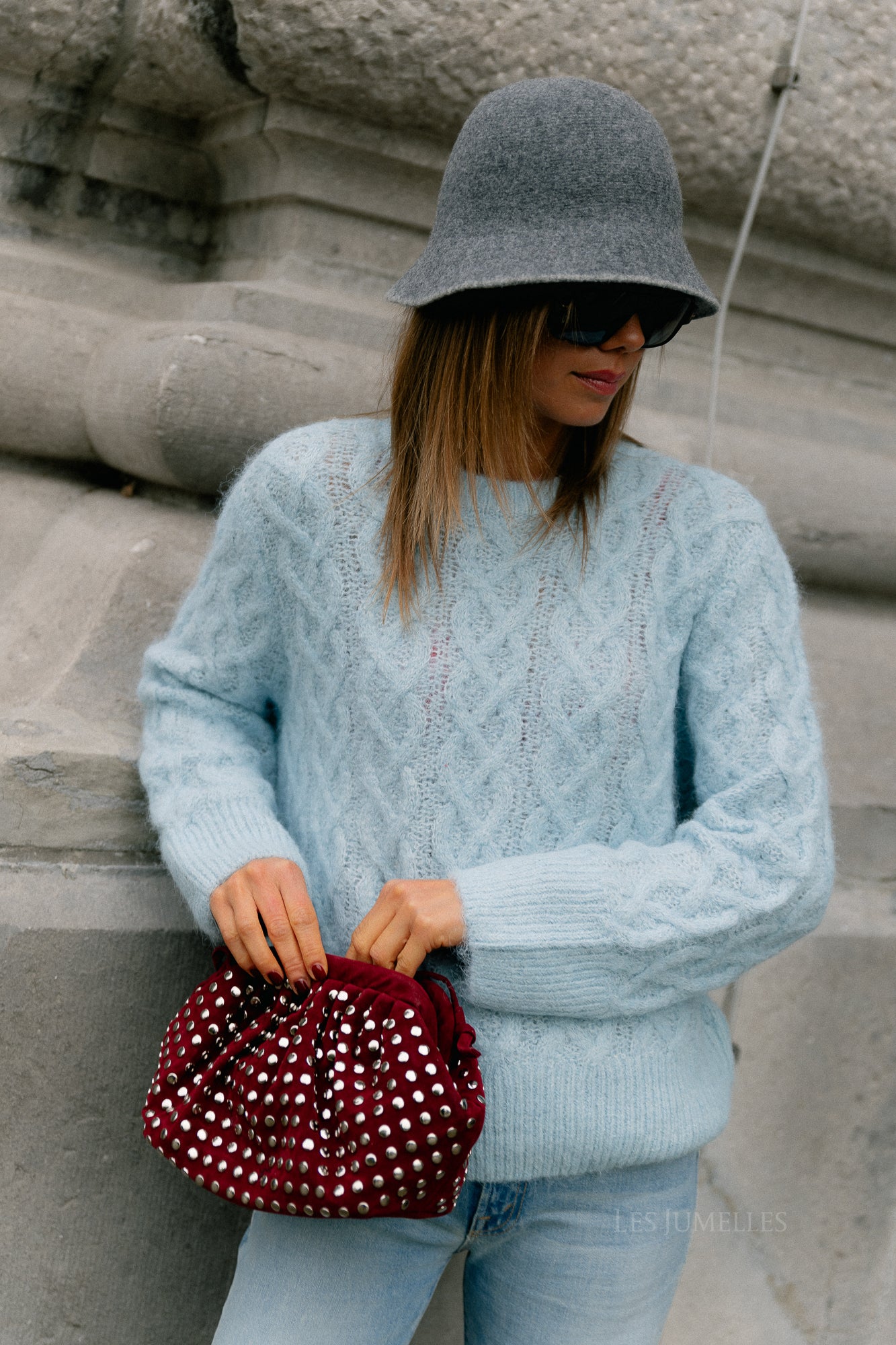 VISobell O-neck L/S cable knit top winter sky