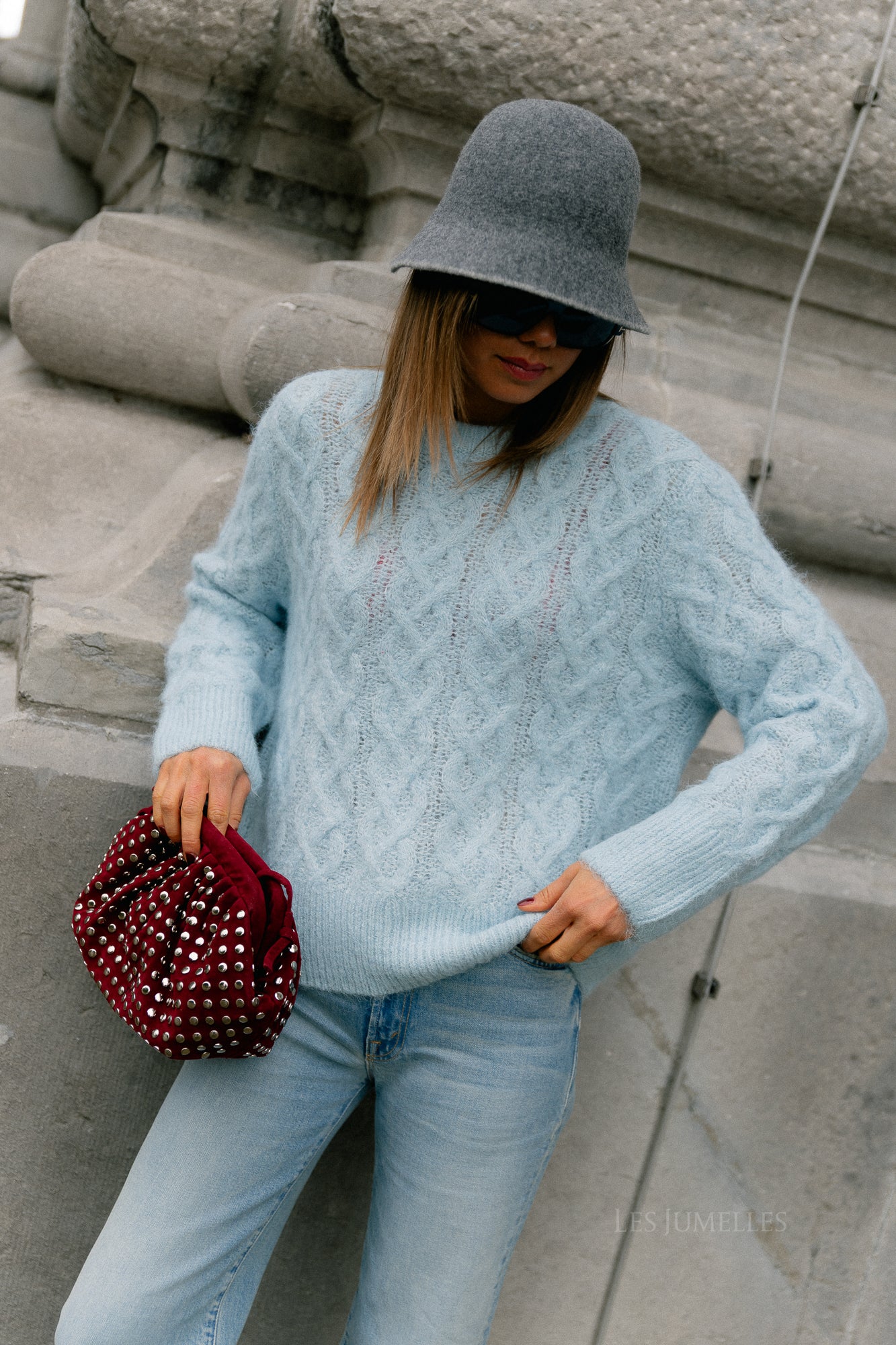 VISobell O-neck L/S cable knit top winter sky