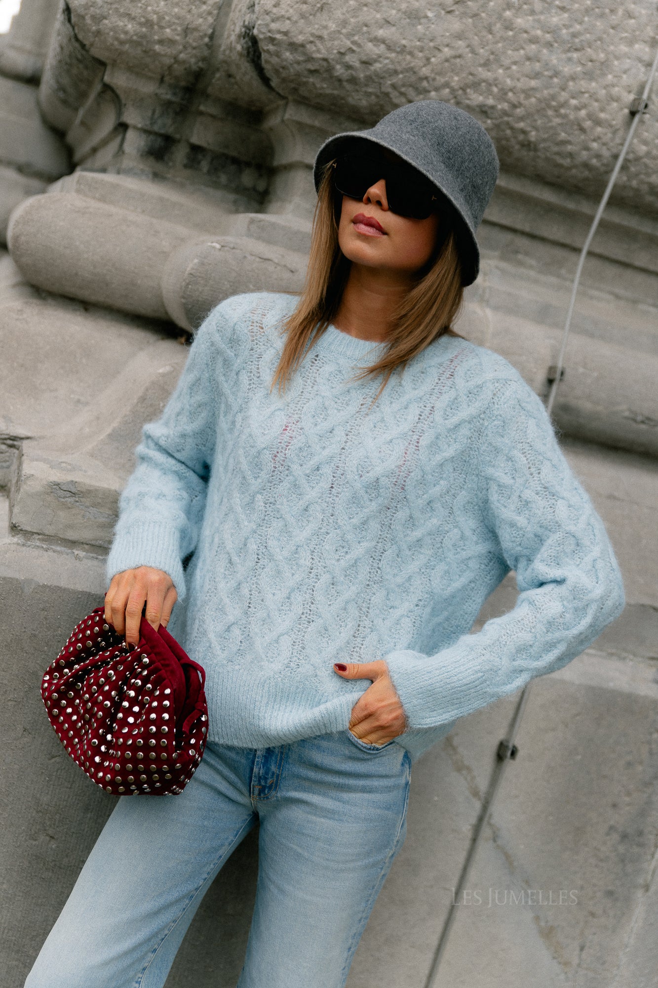 VISobell O-neck L/S cable knit top winter sky