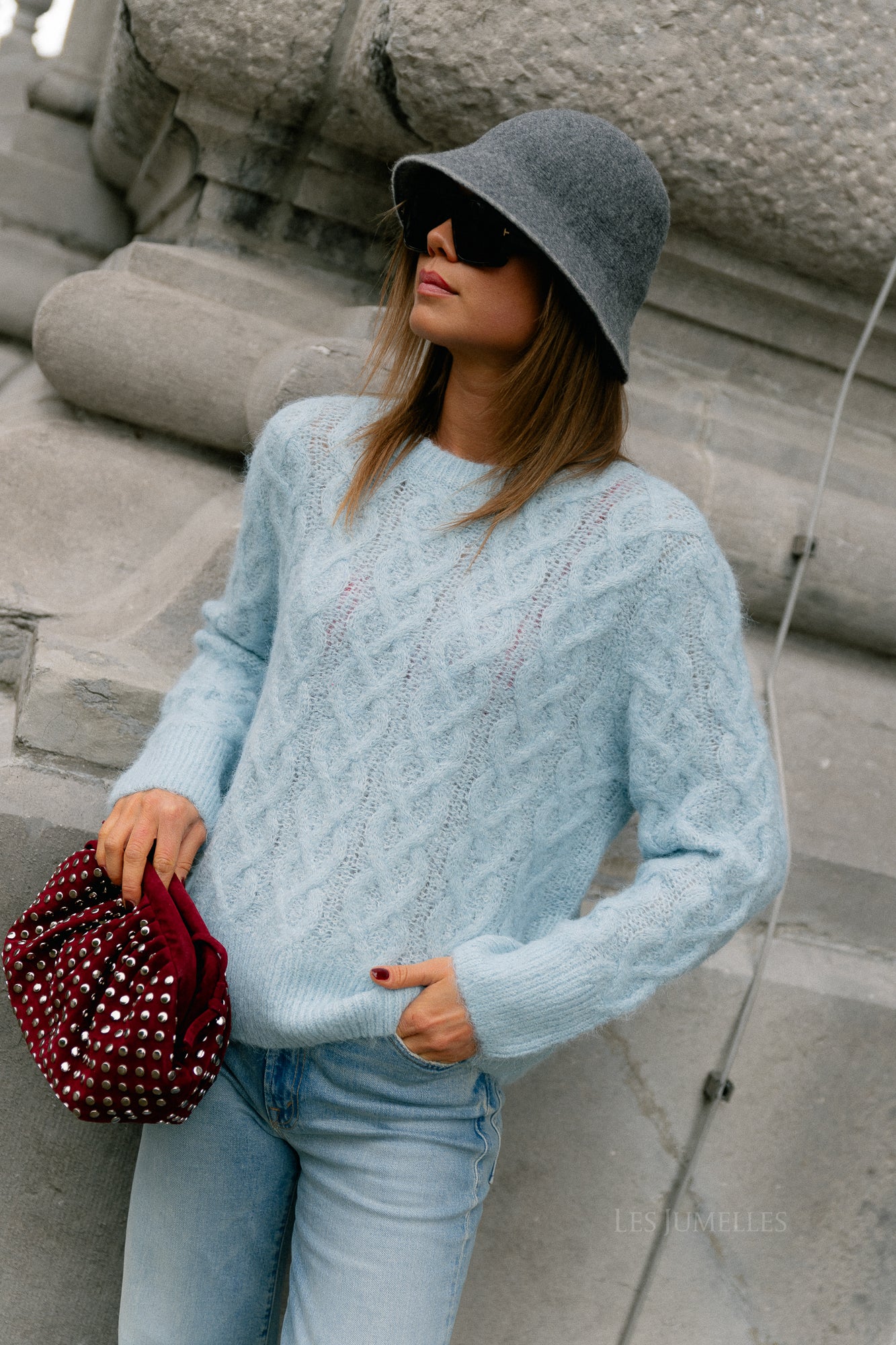 VISobell O-neck L/S cable knit top winter sky