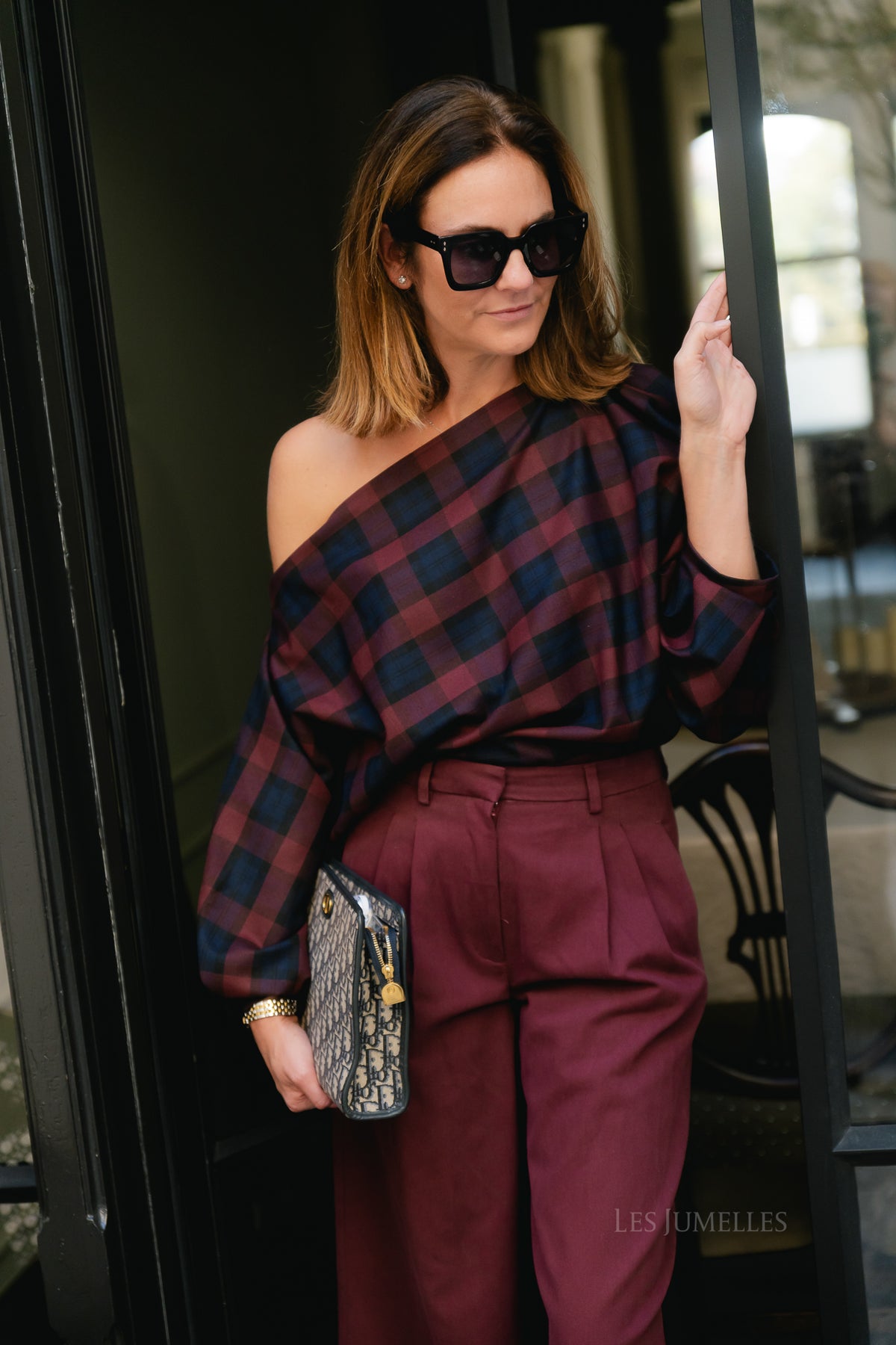Cosette bold checkered blouse burgundy/navy