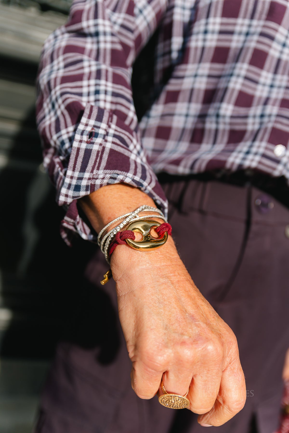 Cord bracelet with gold-tone bean detail burgundy
