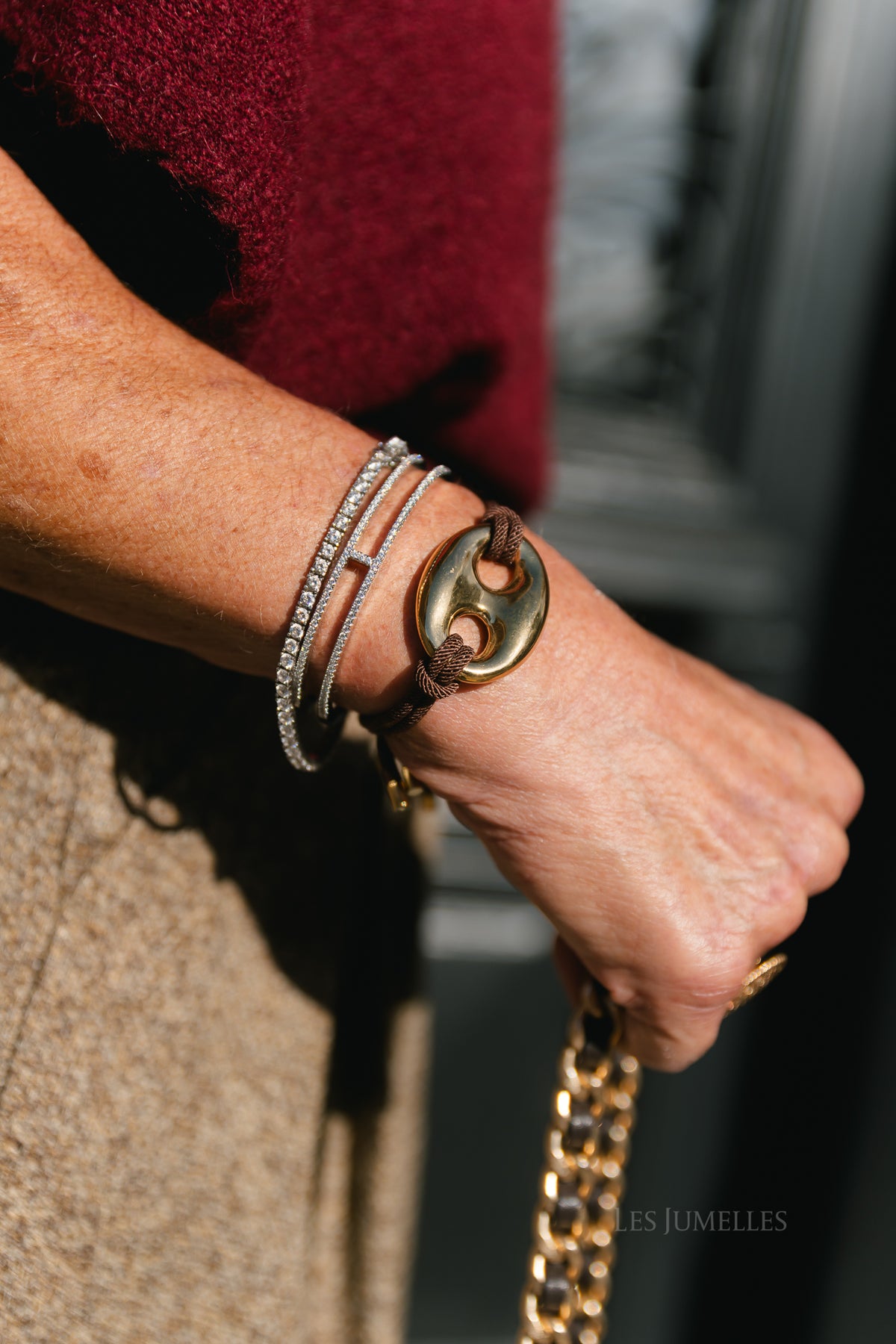 Cord bracelet with gold-tone bean detail brown